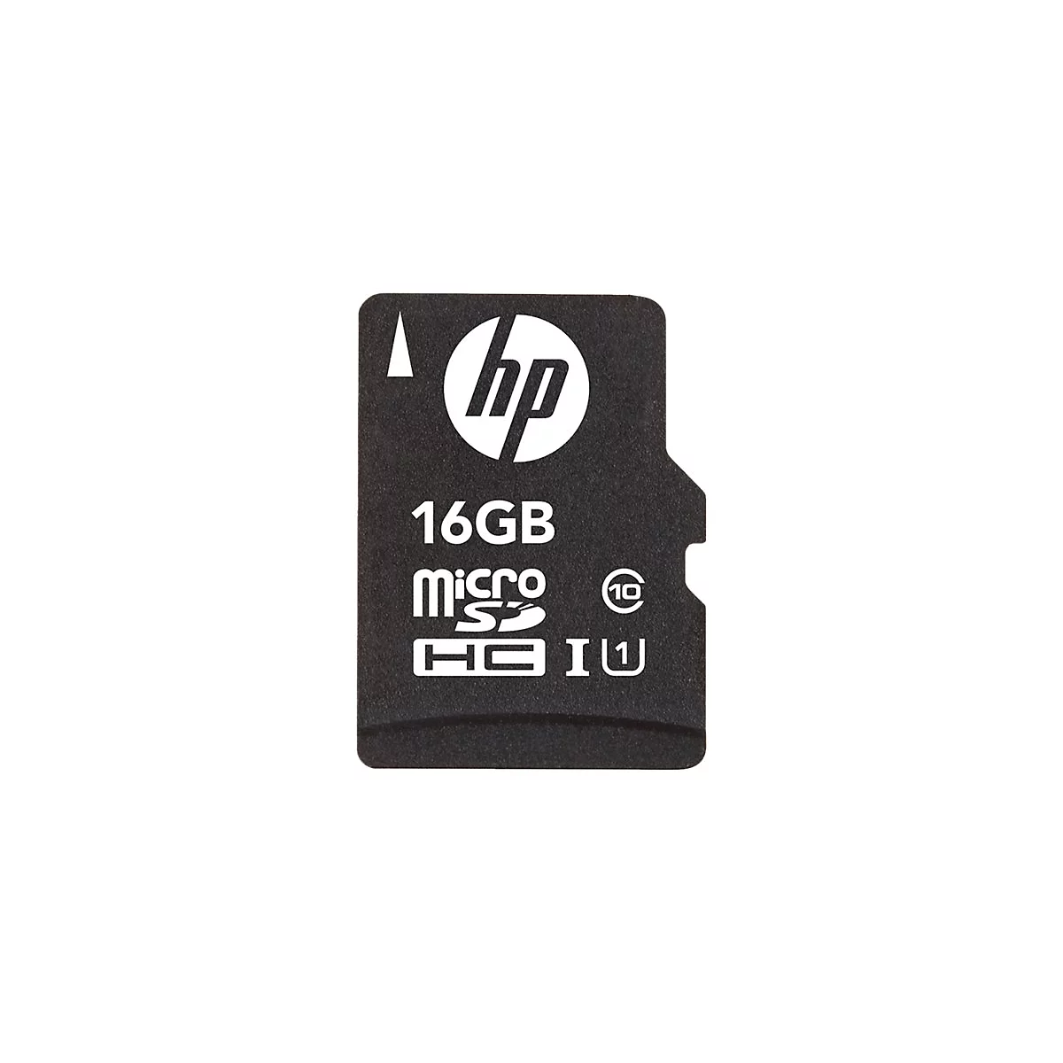 Eine schwarze HP microSDHC-Speicherkarte mit 16 GB Speicherkapazität vor weißem Hintergrund.