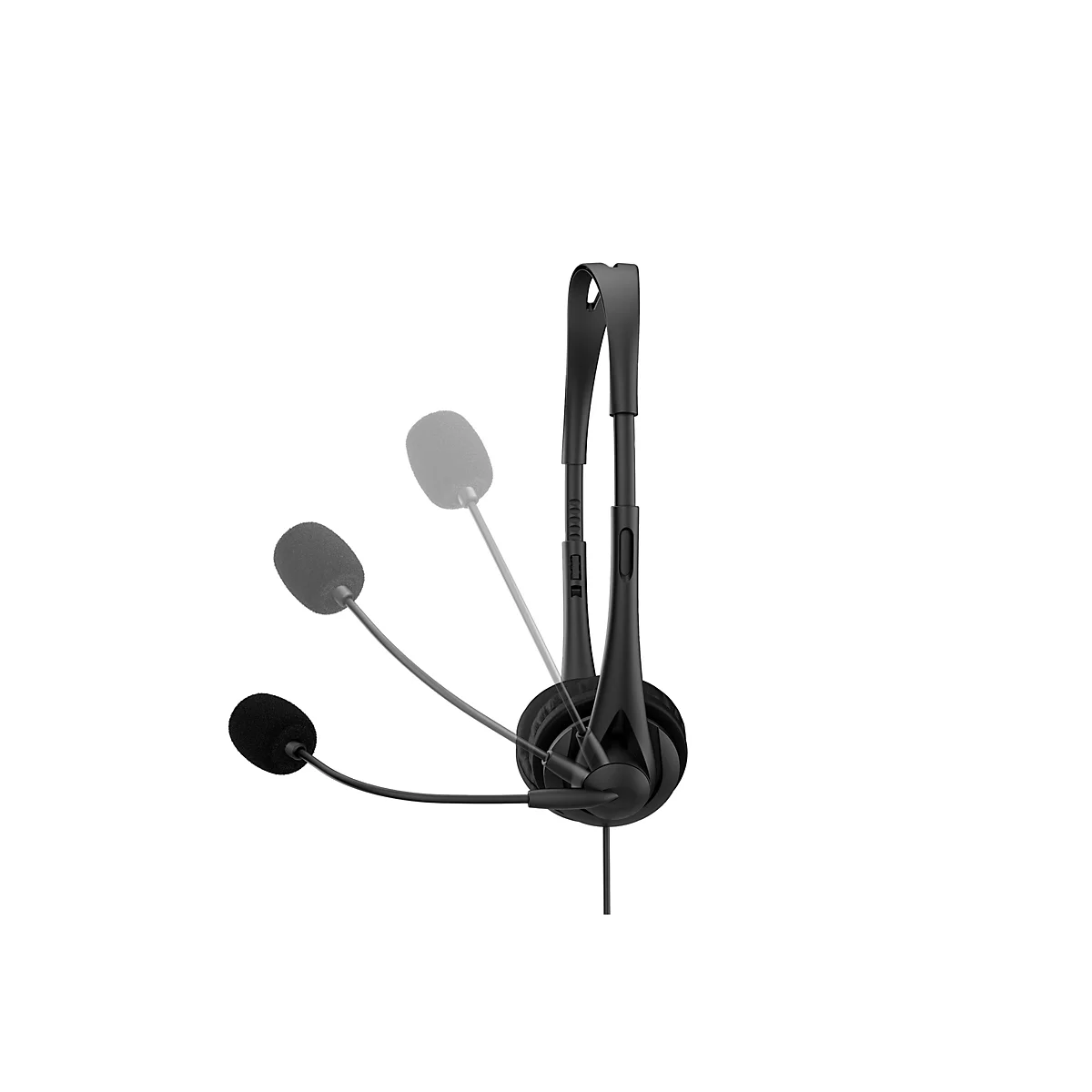 Schwarzes Headset, das in drei Positionen vor weißem Hintergrund dargestellt wird. Mikrofon ausrichtbar.