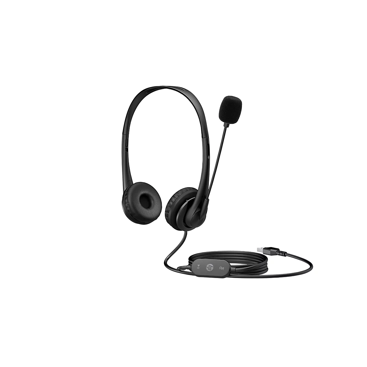 Schwarzes HP Headset mit Mikrofon und USB-Anschluss. Das Headset liegt vor weißem Hintergrund.