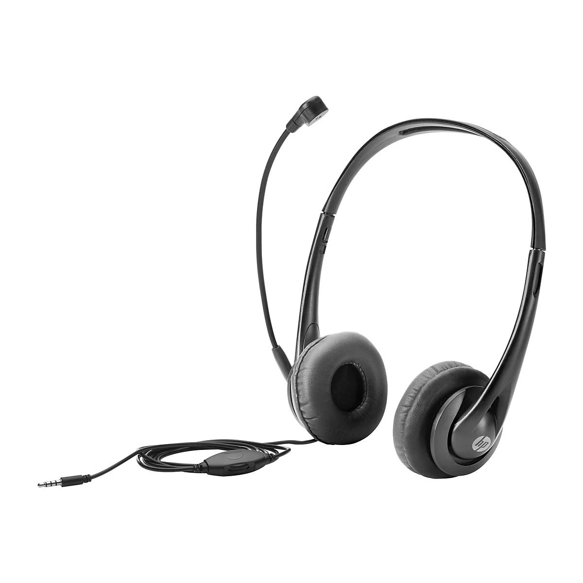 Schwarzes HP Headset mit verstellbarem Mikrofonbügel und Kabelfernbedienung vor weißem Hintergrund.