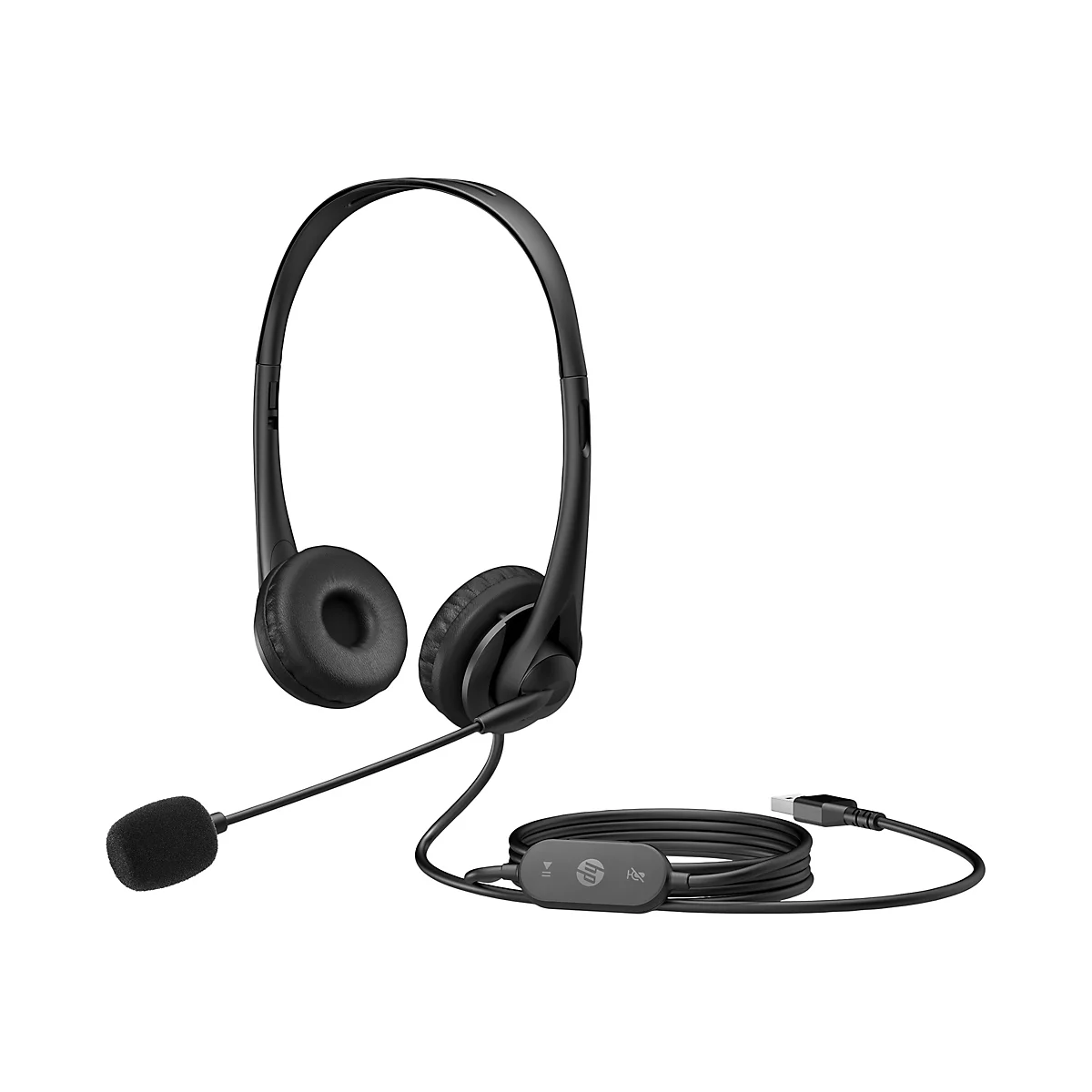 Schwarzes HP Headset mit Kabel, Mikrofonarm und USB-Anschluss vor weißem Hintergrund.