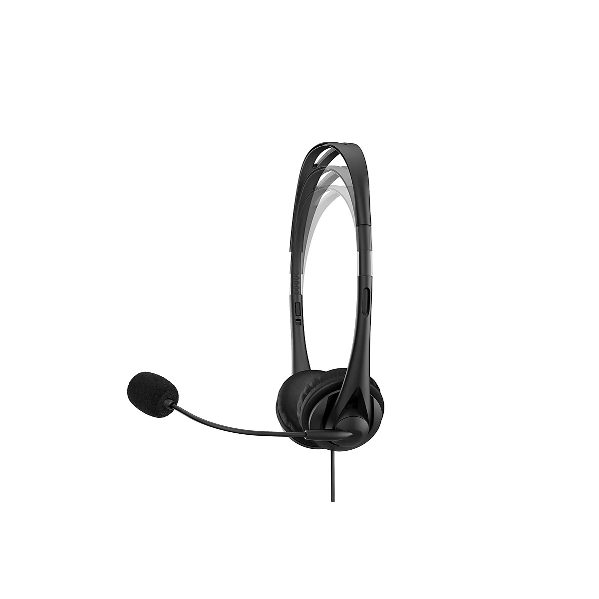 Schwarzes Headset mit verstellbarem Kopfbügel und Mikrofon vor weißem Hintergrund.