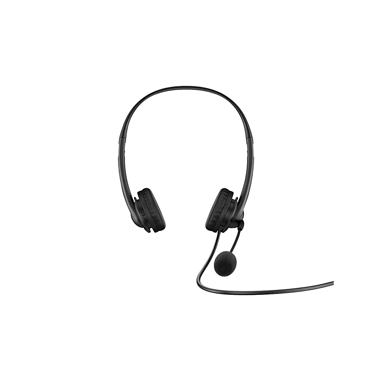 Schwarzes On-Ear-Headset mit Kopfbügel, weichen Ohrpolstern und einem verstellbaren Mikrofonarm vor weißem Hintergrund.