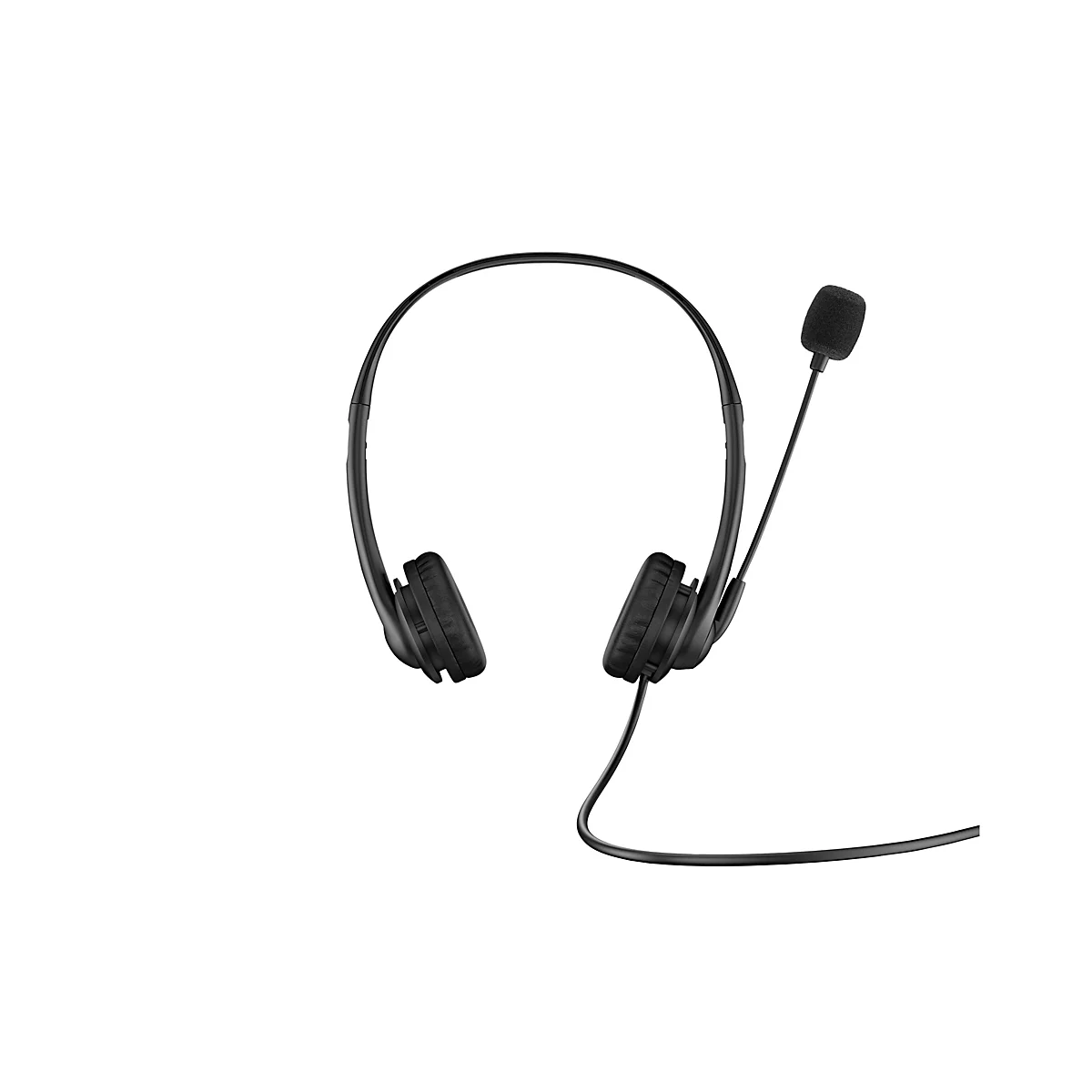 Schwarzes Headset mit Mikrofon auf weißem Hintergrund.