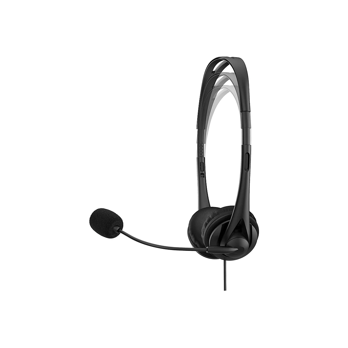 Schwarzes Headset auf weißem Hintergrund. Sichtbar sind Hörmuscheln, Mikrofon, Bügel und Kabel.