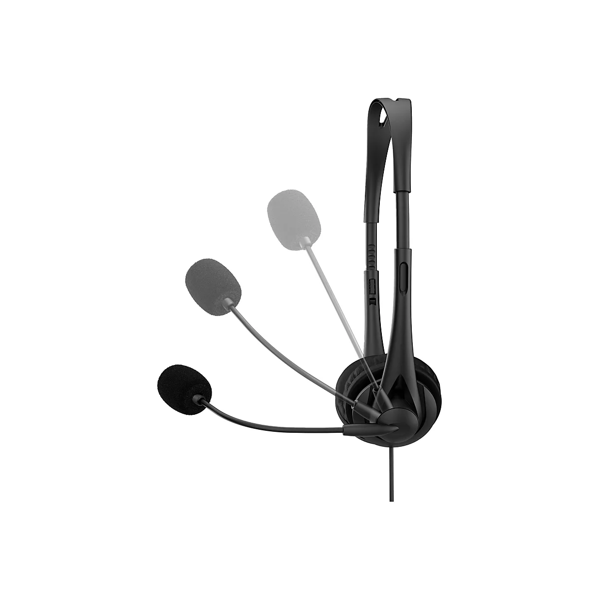 Schwarzes Headset mit Mikrofon auf weißem Hintergrund.