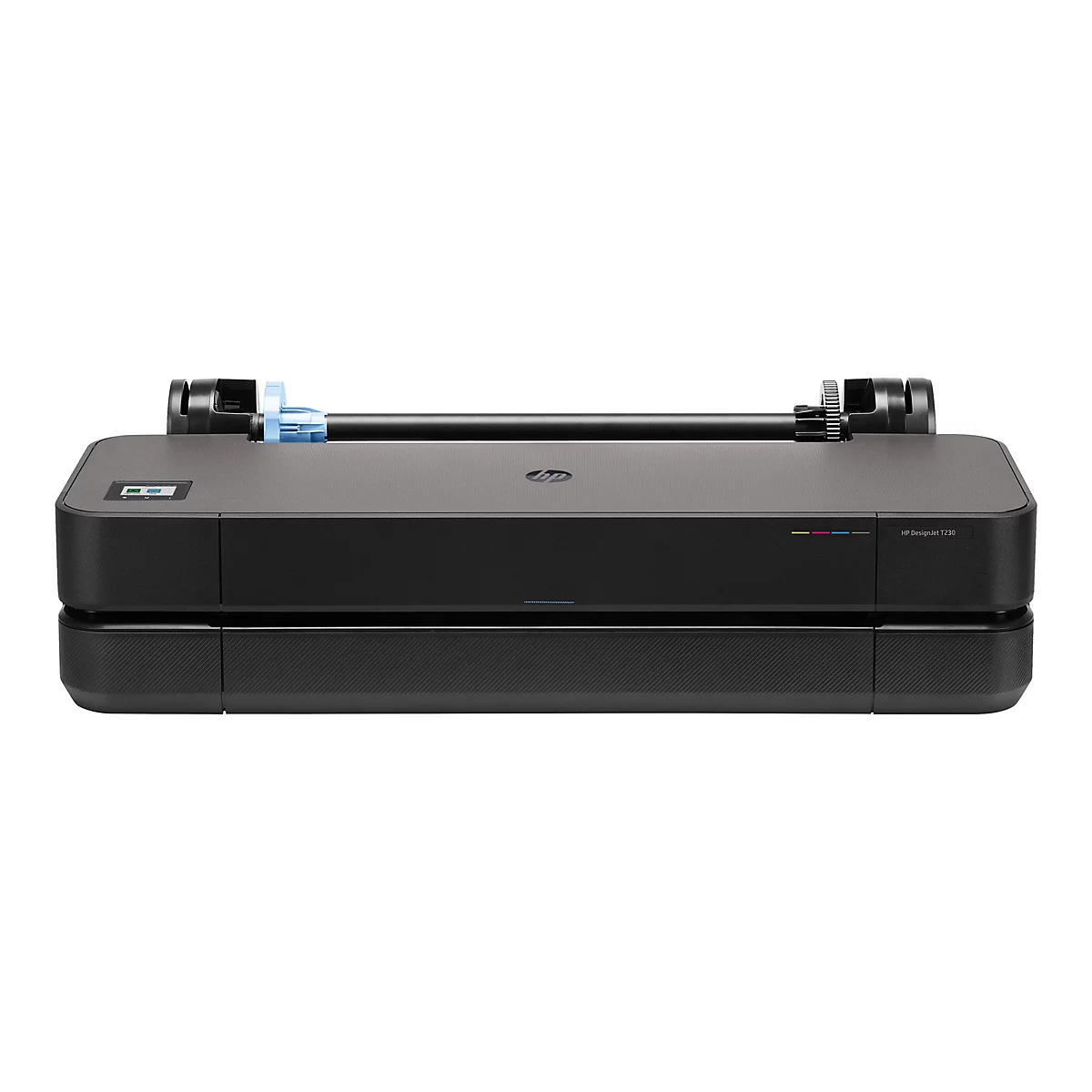 Traceur HP DesignJet T230 noir, vue de face. Support de rouleau en haut, en dessous affichage et barre de couleur, lettrage.