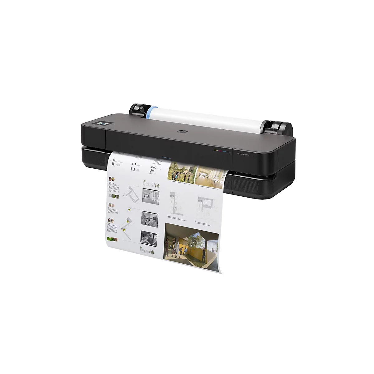 Une imprimante noire HP DesignJet T230 imprime un plan d'architecte. En haut, un rouleau de papier ; en dessous, le papier avec des dessins et des images.