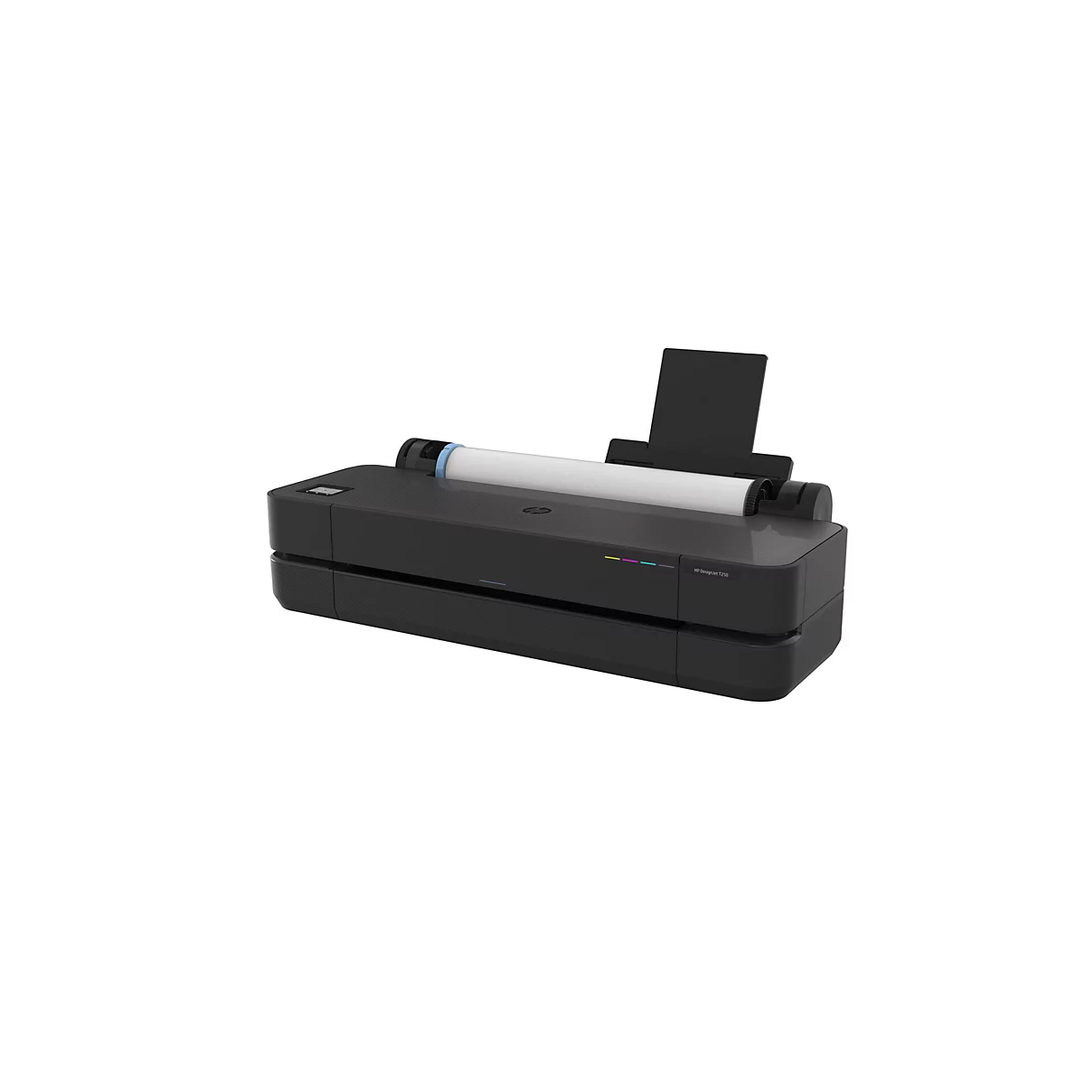 Imprimante grand format HP DesignJet T250 noire avec rouleau de papier et bac de sortie sur fond blanc.