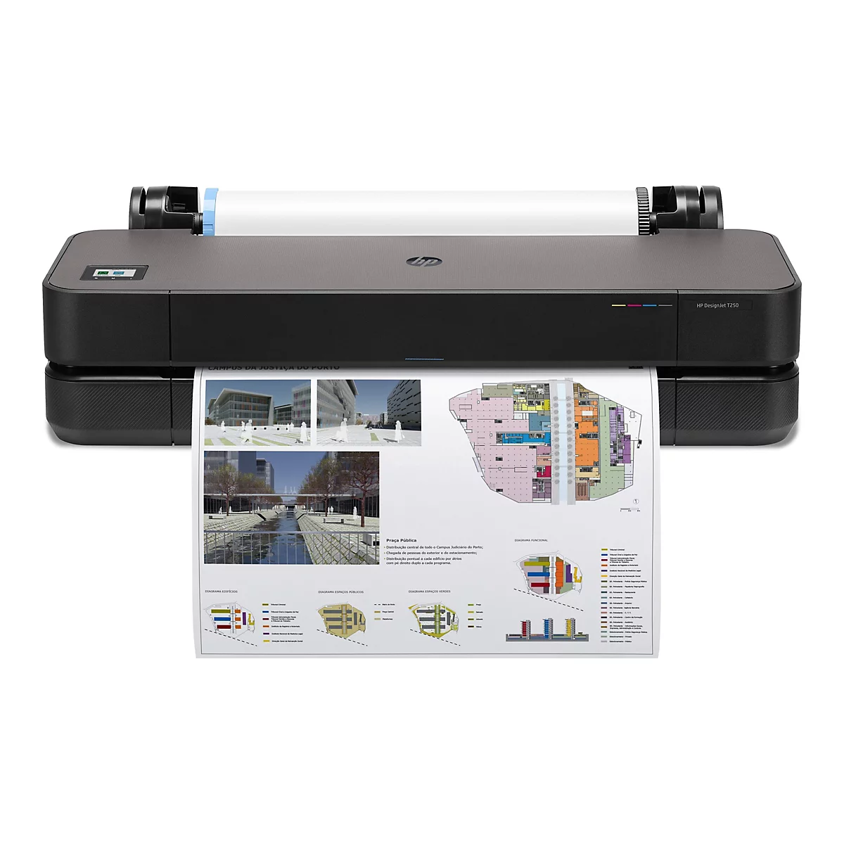 Une imprimante noire HP DesignJet T250 imprime un diagramme architectural coloré montrant le Campus da Justiça do Porto.