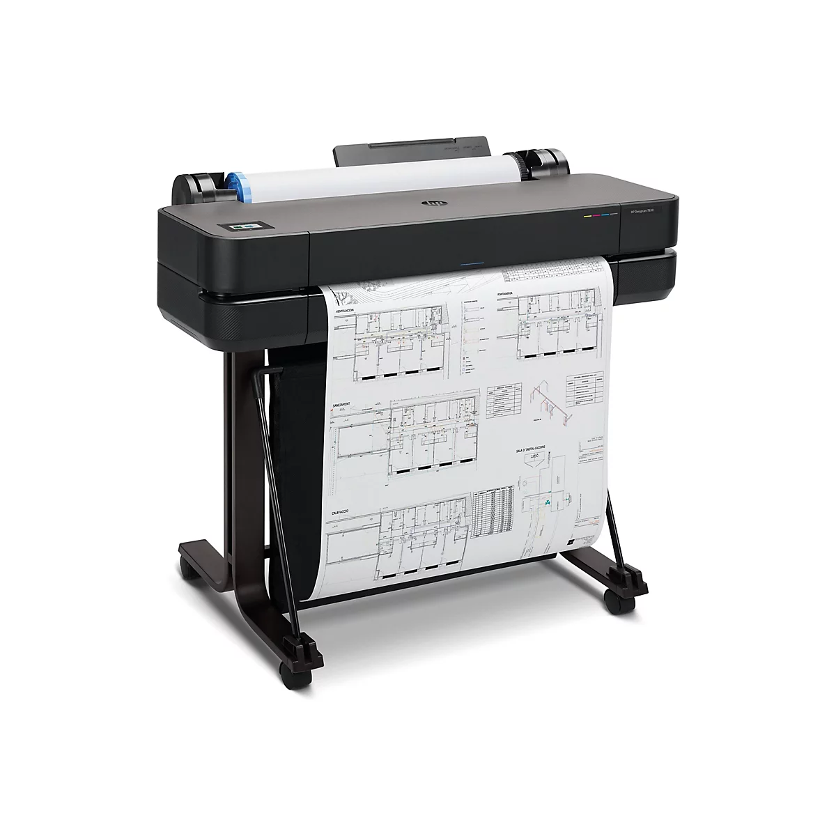 Une imprimante grand format HP DesignJet T630 noire avec un plan d'architecture.