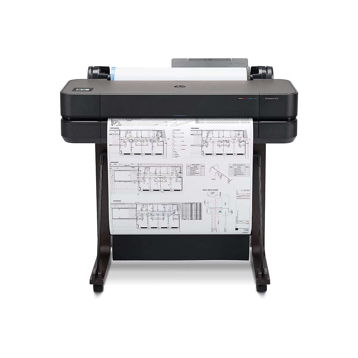 Une imprimante grand format HP DesignJet T630 noire avec un modèle de plan qui sort de l'imprimante. L'imprimante est sur un support marron.