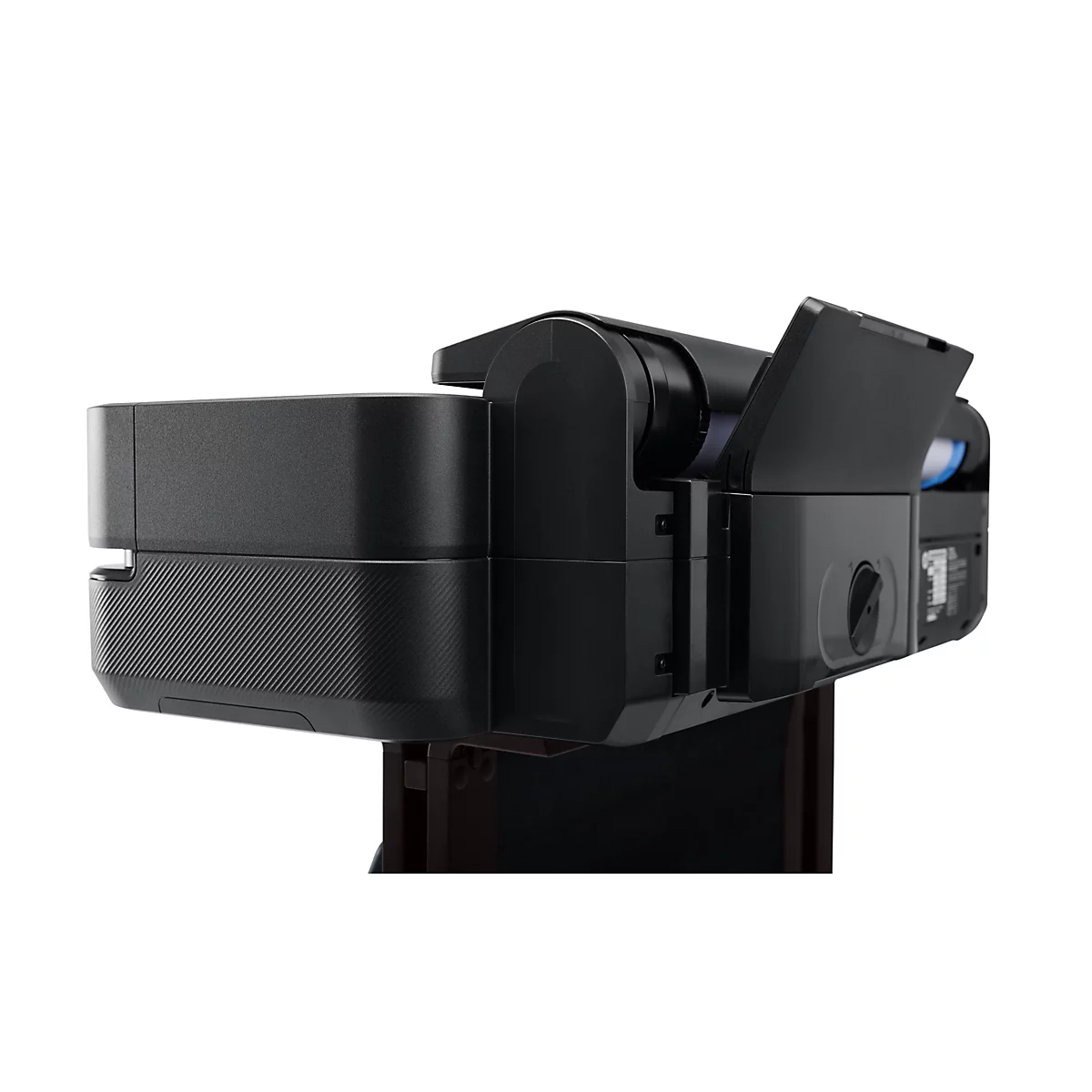 Vue latérale détaillée d'une imprimante noire avec le capot supérieur ouvert. Sur fond blanc.