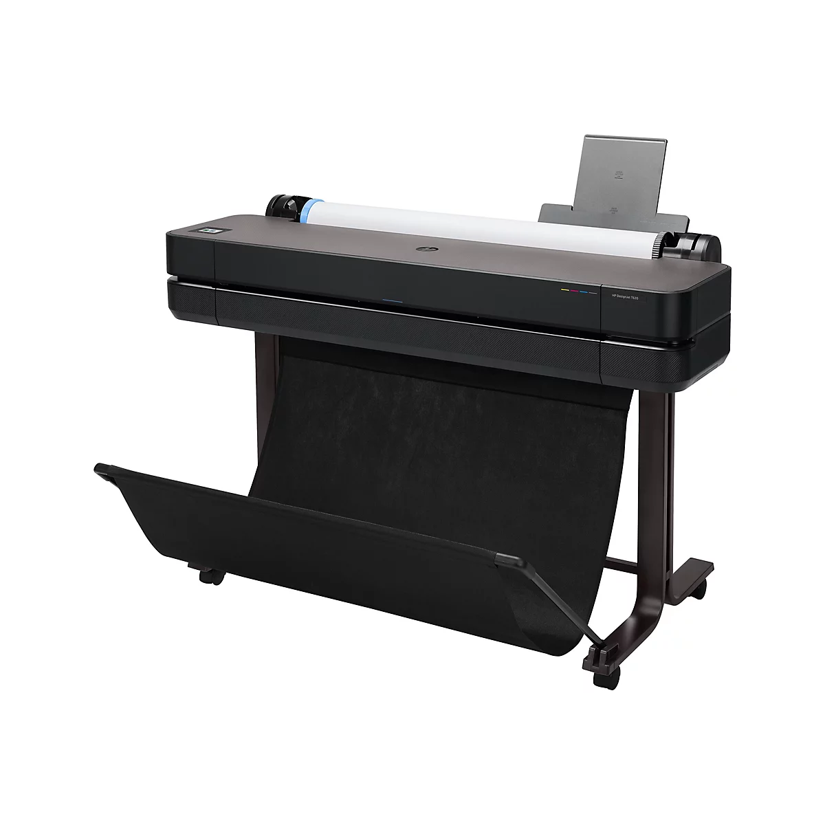 Une imprimante grand format noire avec rouleau de papier, bac et supports. Inscription: HP DesignJet T630.