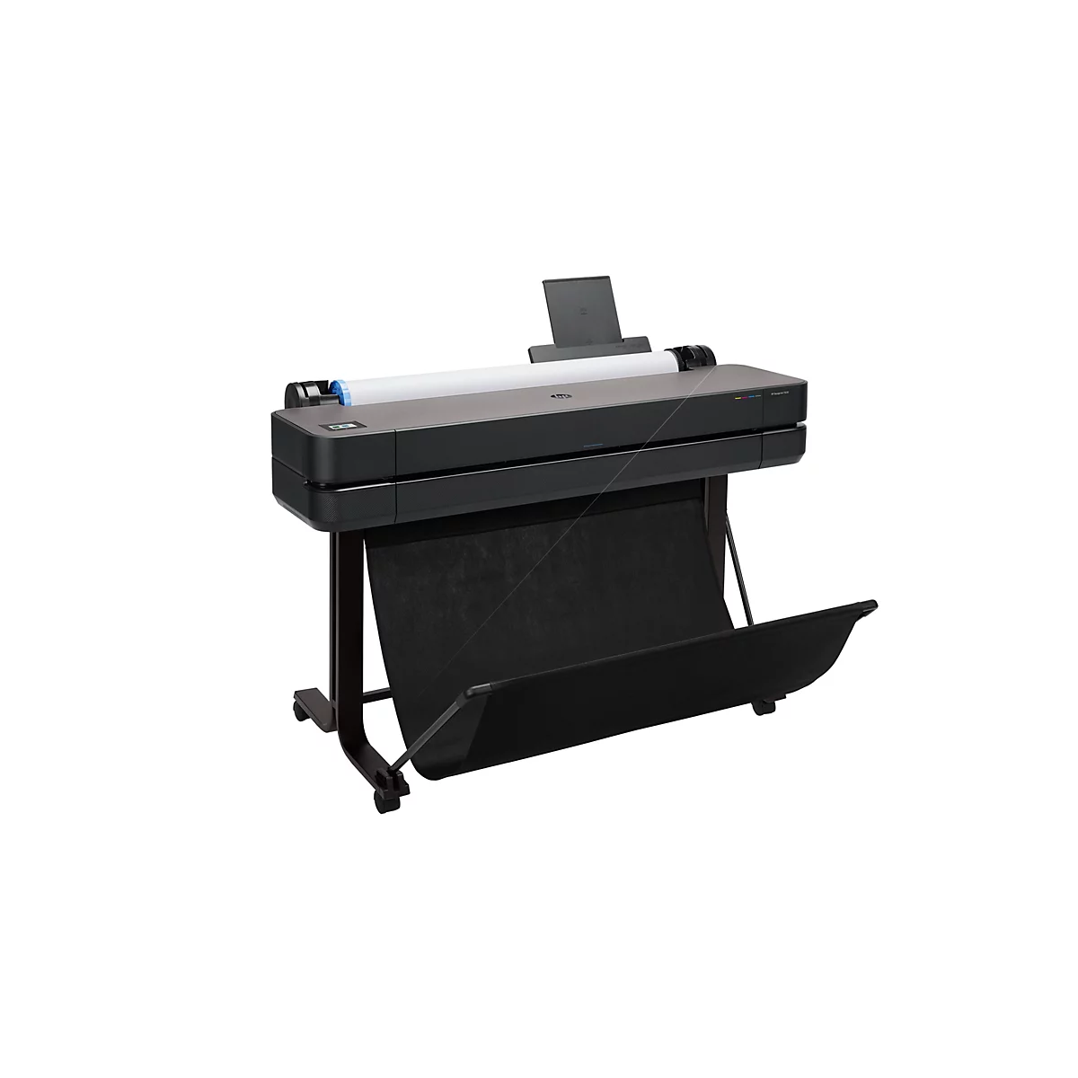 Imprimante grand format noire avec rouleau de papier. Panier de collecte des impressions. Inscription : HP Designjet T630.