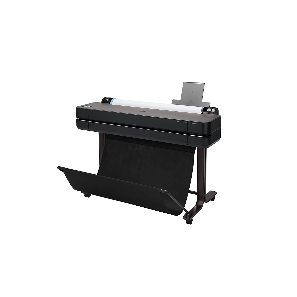 Une imprimante grand format noire avec un rouleau de papier blanc. Il y a un compartiment de rangement noir à l'avant. Inscription : HP Designjet T530.