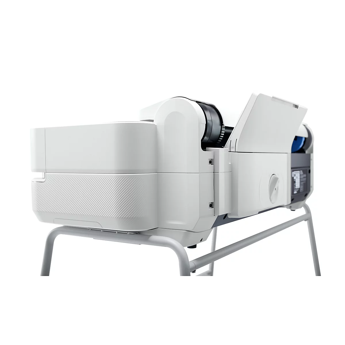 Appareil médical, blanc, avec couvercle ouvert, sur cadre métallique. Vue détaillée.