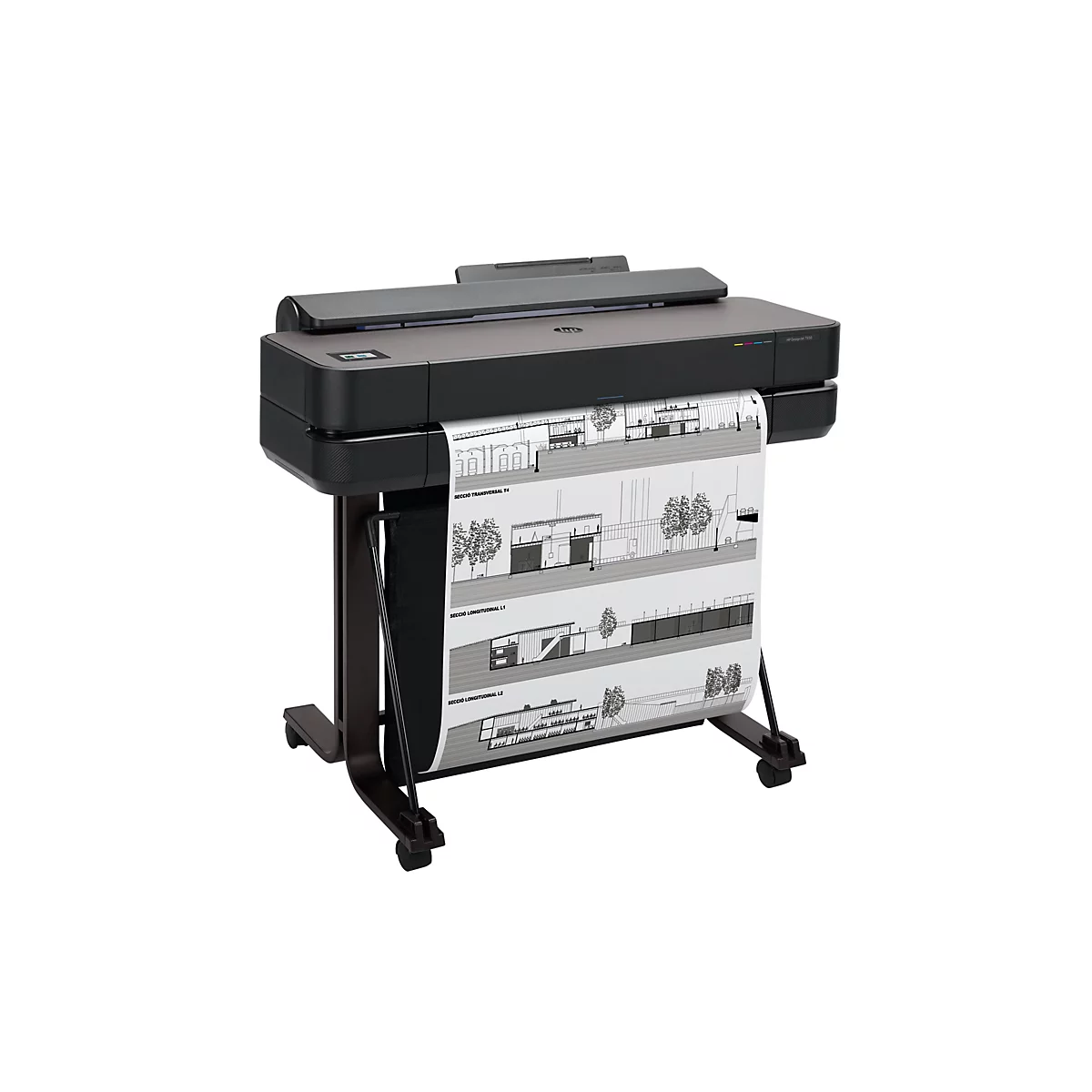Imprimante grand format noire avec des plans d'architecture imprimés. L'appareil est posé sur un support marron à roulettes. L'impression montre des coupes avec des étiquettes.