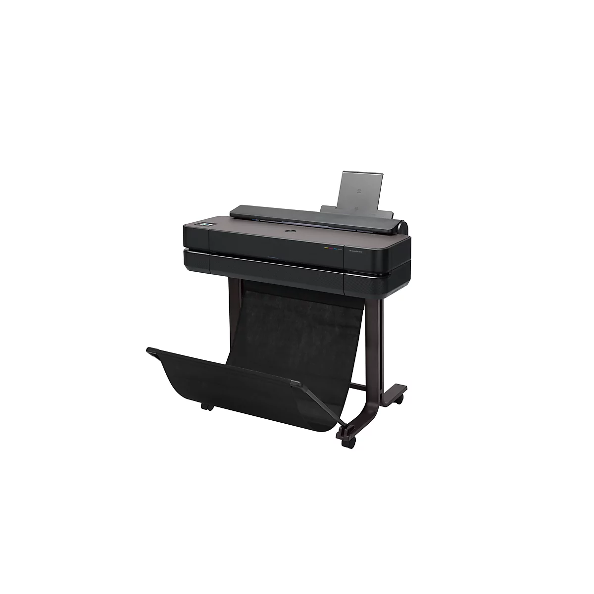 Une grande imprimante sombre sur un support marron. Elle dispose d'un bac à papier et d'un support gris sur le dessus.