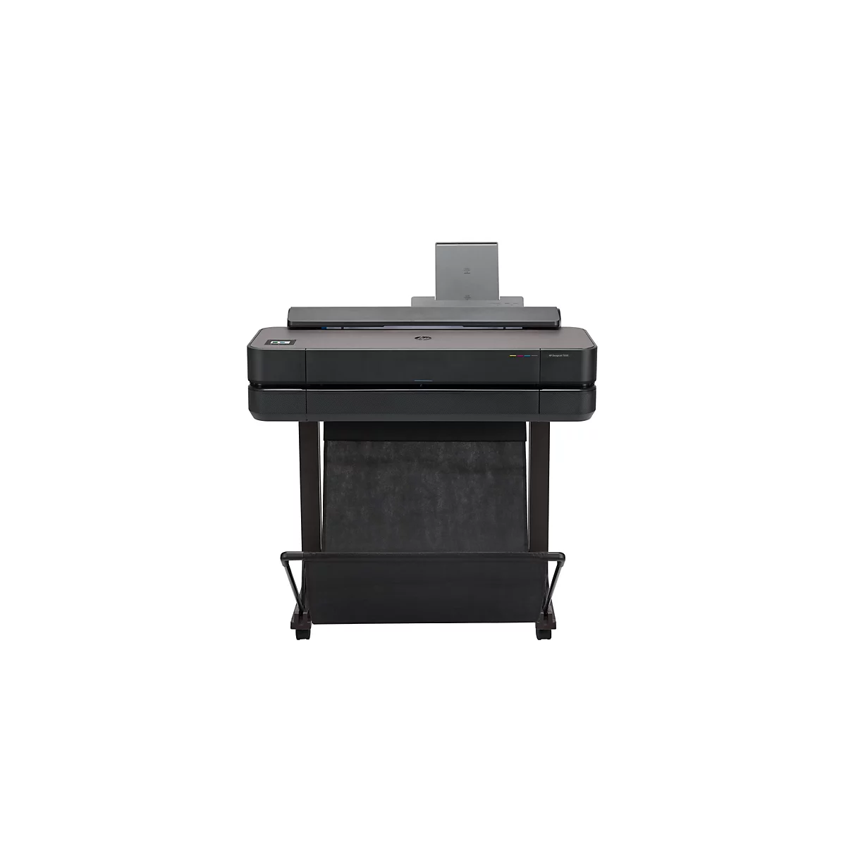 Une imprimante grand format noire avec des éléments gris, sur fond blanc. L'imprimante dispose d'un bac de collecte de papier et d'un panneau de commande.