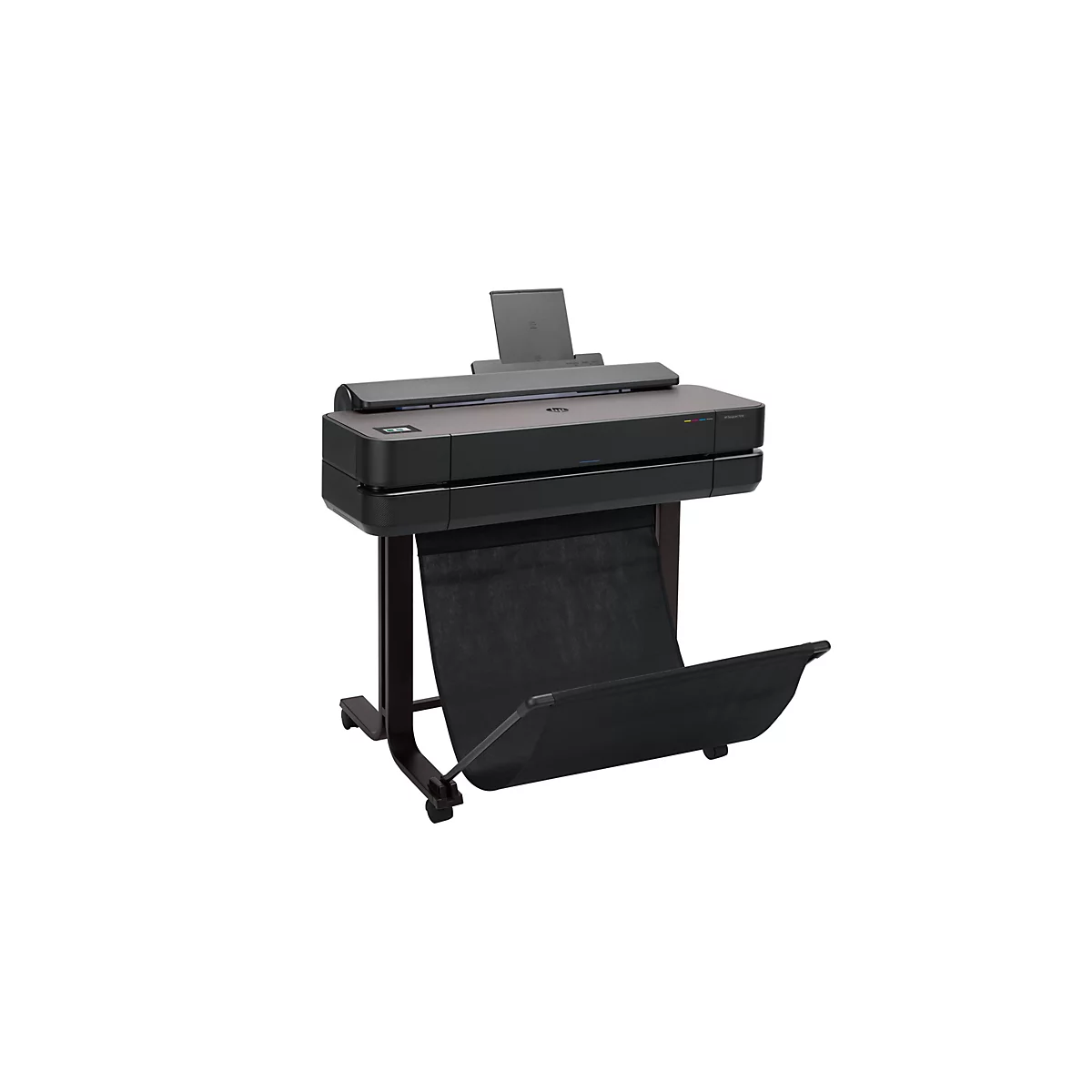 Imprimante grand format noire sur un support foncé avec roulettes, bac de collecte de papier et étagère.