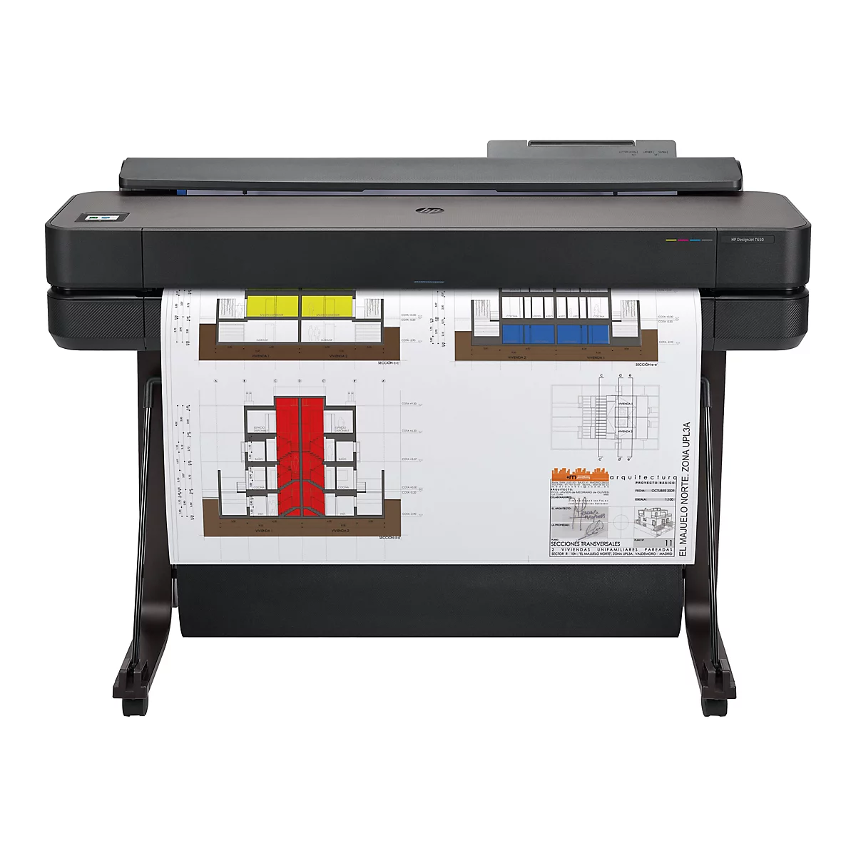 Une imprimante grand format noire HP DesignJet T650 imprime un dessin d'architecte. Le dessin montre des coupes transversales de maisons avec des accents de couleur rouge, jaune et bleu.