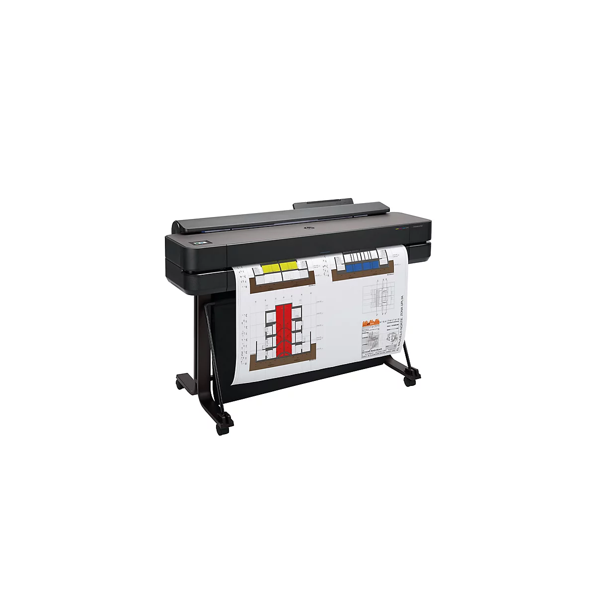 Grande imprimante noire avec un plan d'architecture imprimé. Le dessin imprimé montre une zone rouge, jaune et bleue. L'imprimante est sur un support avec des roues.
