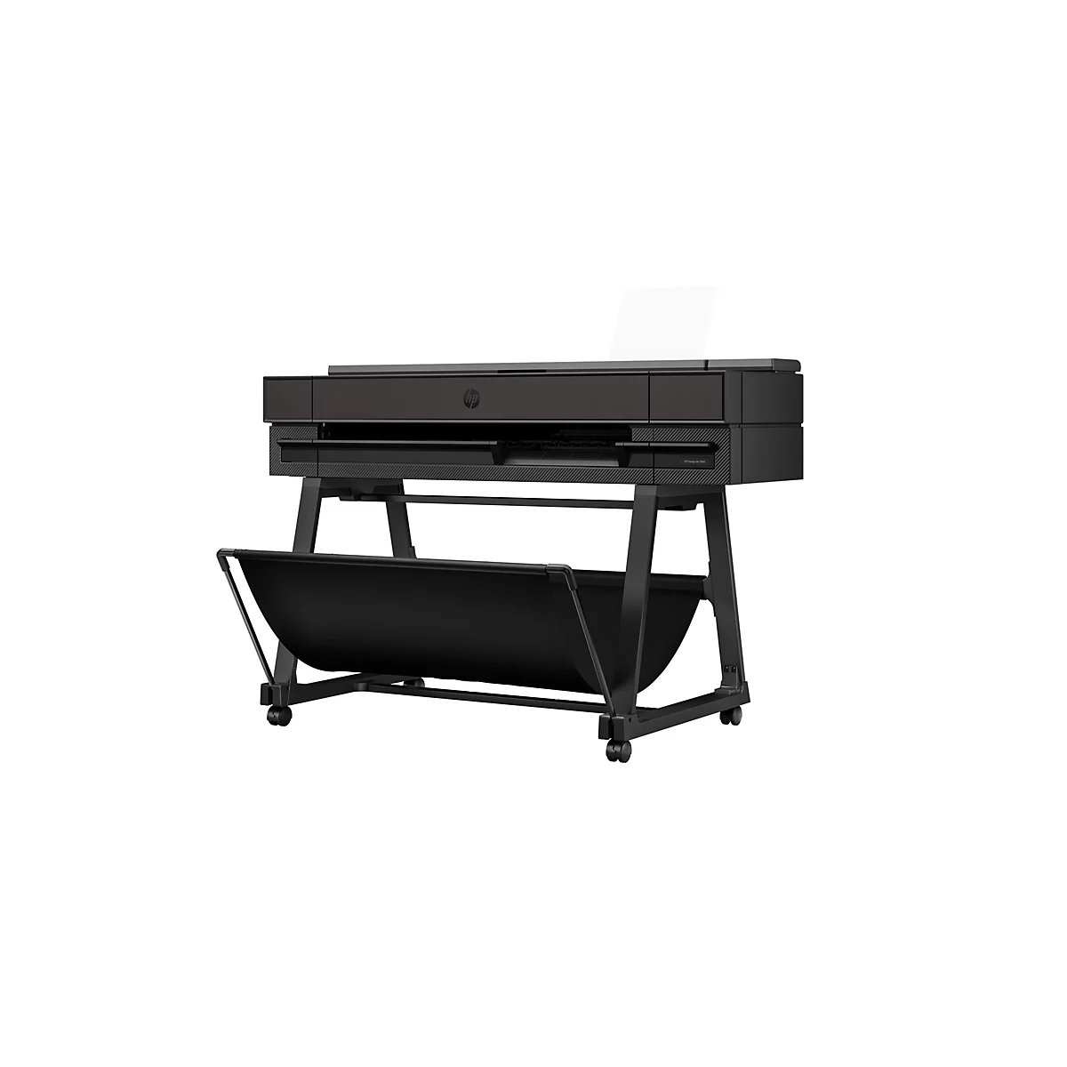 Imprimante grand format noire avec support sur fond blanc. Le logo HP est en haut.