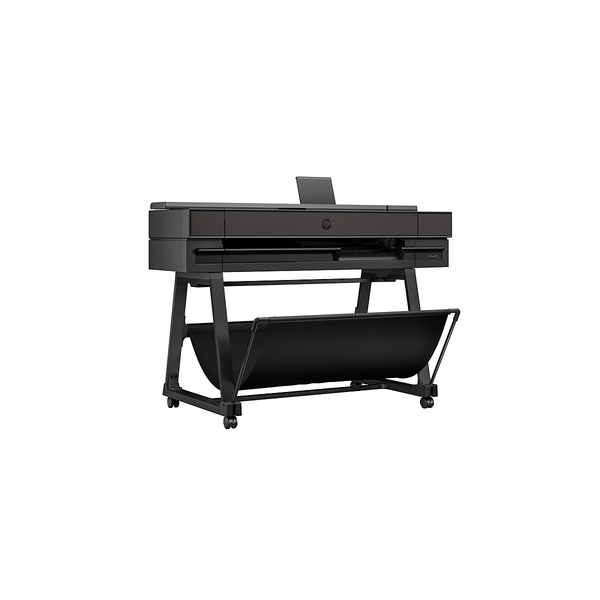 Une imprimante grand format noire avec un bac de collecte de papier sur roulettes, sur fond blanc.
