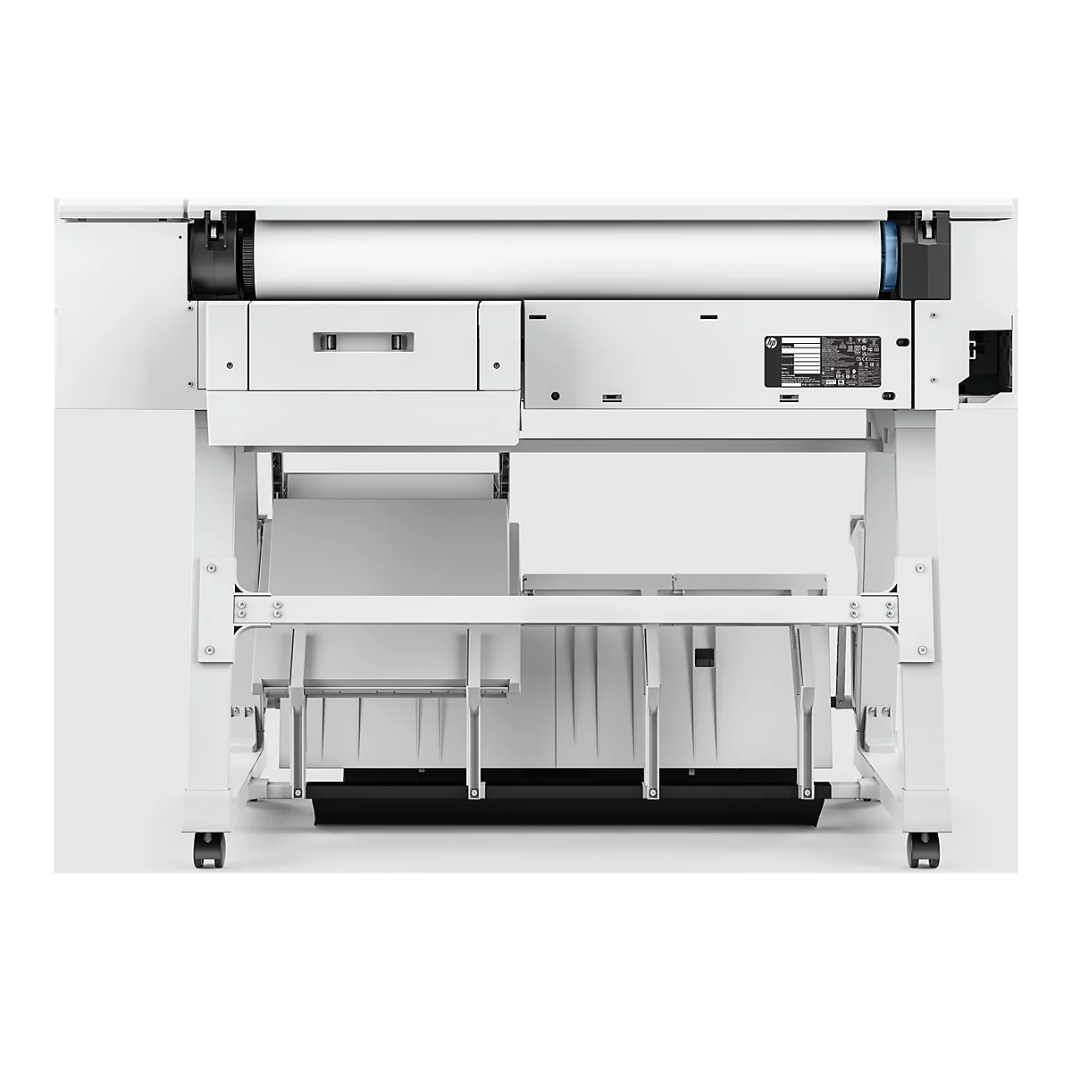 Une imprimante grand format blanche avec un rouleau de papier. L'appareil porte la marque HP avec des données techniques. En dessous de l'imprimante se trouve un compartiment de rangement.