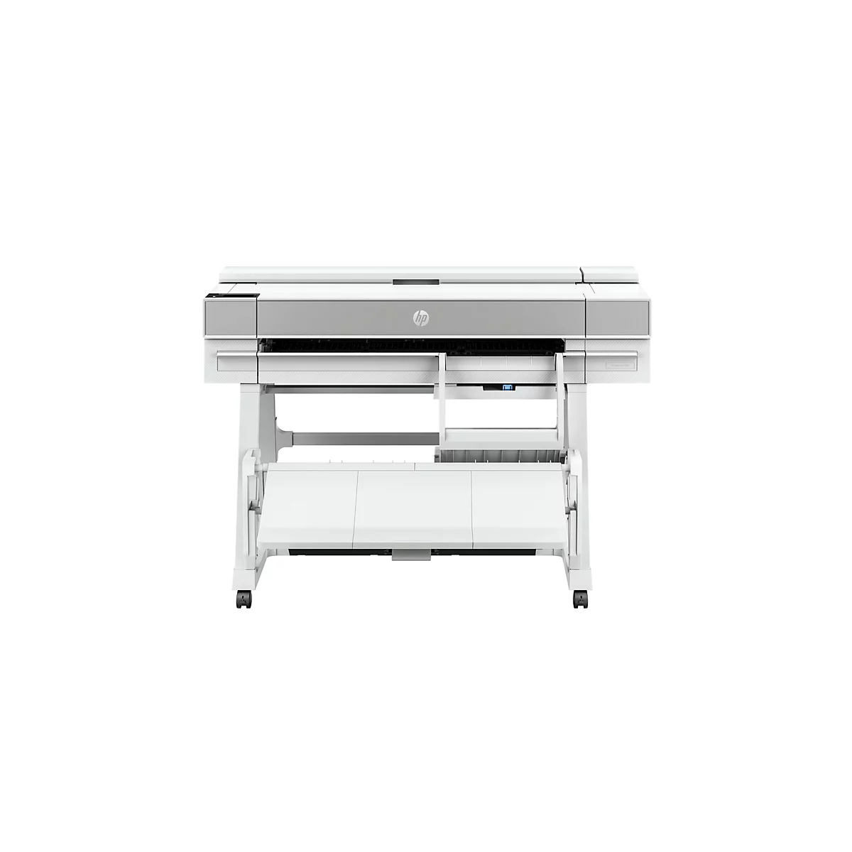 Une imprimante grand format rectangulaire blanche avec le logo HP, sur fond blanc.