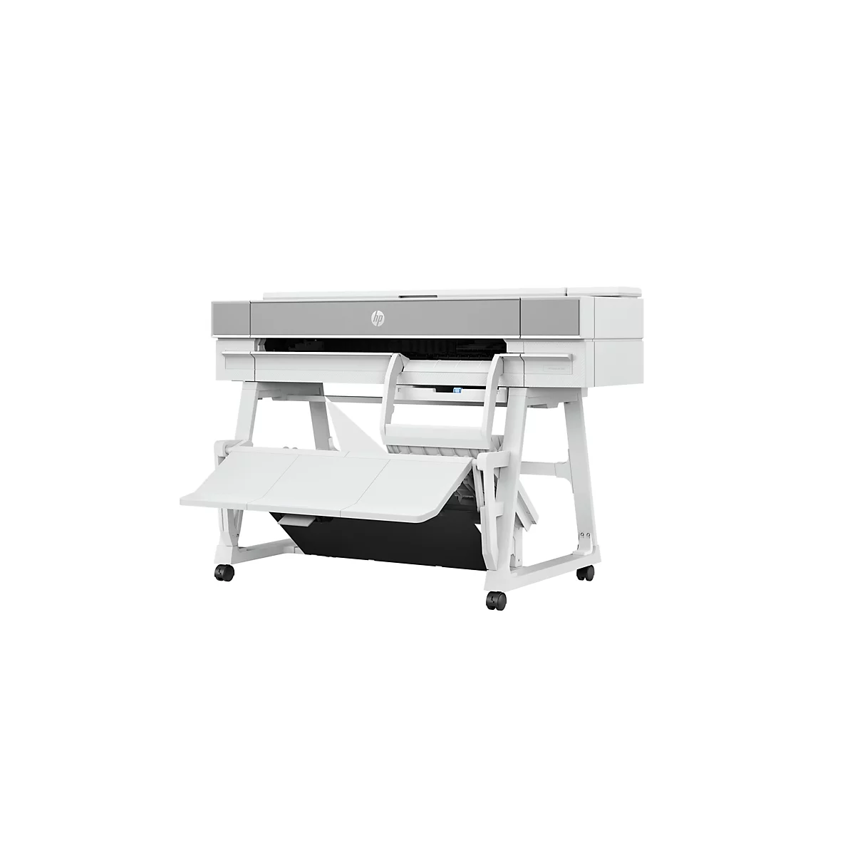 Une imprimante grand format blanche et grise avec le logo HP, sur fond blanc. L'imprimante repose sur un châssis blanc avec des rouleaux et un collecteur de papier.