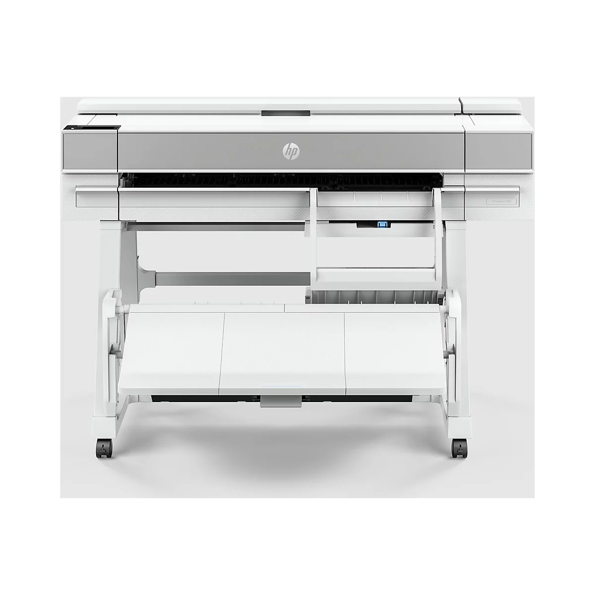 Grande imprimante HP DesignJet 1950 blanche et grise. Sur roulettes, avec bac de réception pliable et panneau de commande. Logo HP centré.