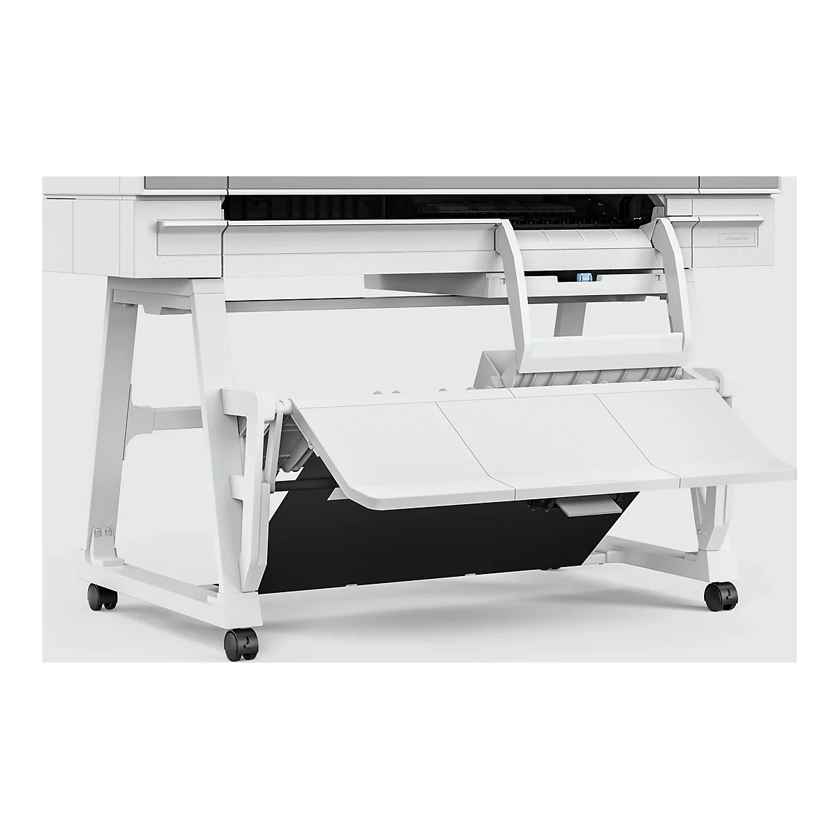 Grande imprimante blanche sur roulettes avec un bac de collecte noir. En dessous se trouve une étagère pour le matériel imprimé. L'inscription HP DesignJet T950 est visible sur l'imprimante.