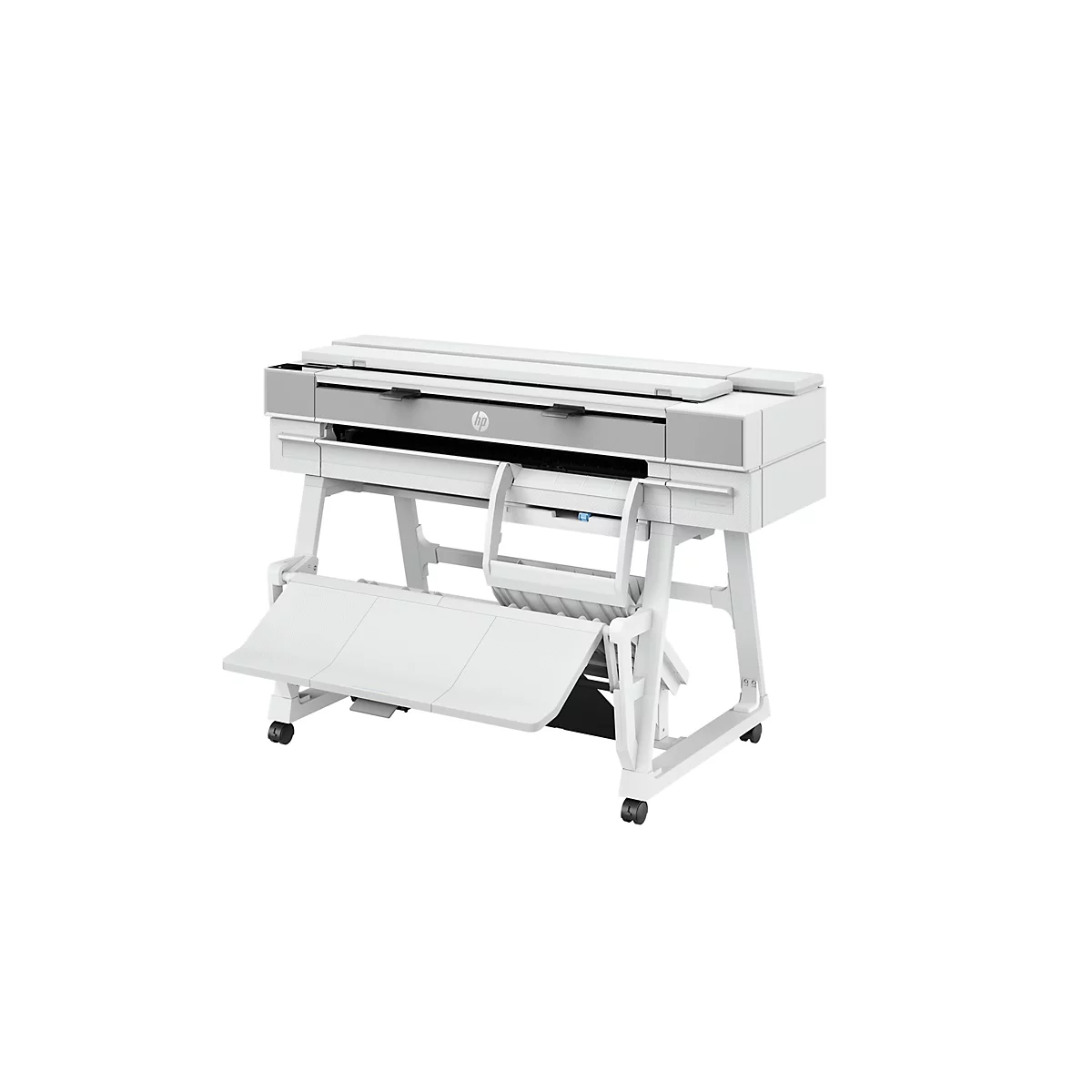 Grande imprimante grand format HP blanche avec bacs de sortie ouverts. Accents gris, logo HP.