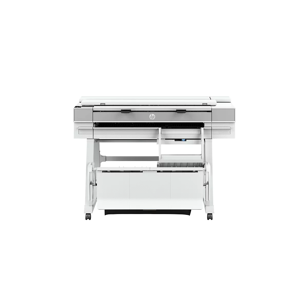 Une imprimante grand format blanche et grise de HP sur fond blanc. Le logo HP est clairement visible.