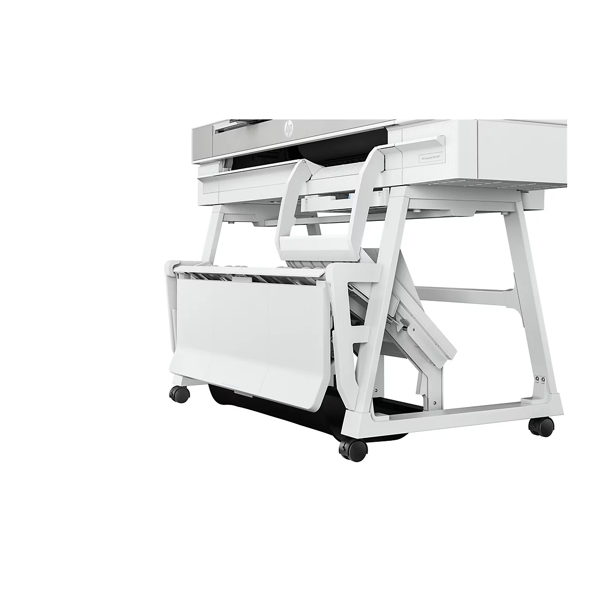 Une imprimante grand format HP DesignJet T950 MFP blanche sur un support blanc à roulettes, sur fond blanc.