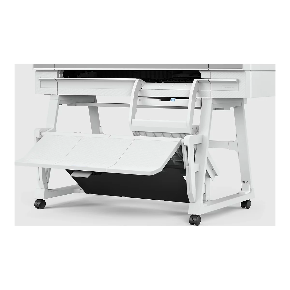 Une imprimante grand format blanche avec un stockage ouvert. Les rouleaux sont montés sur un support.