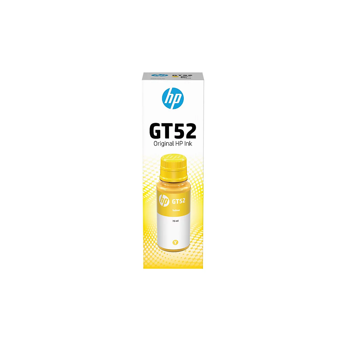 Gelbe HP GT52 Druckerpatrone mit der Aufschrift "Yellow" und "70 ml".