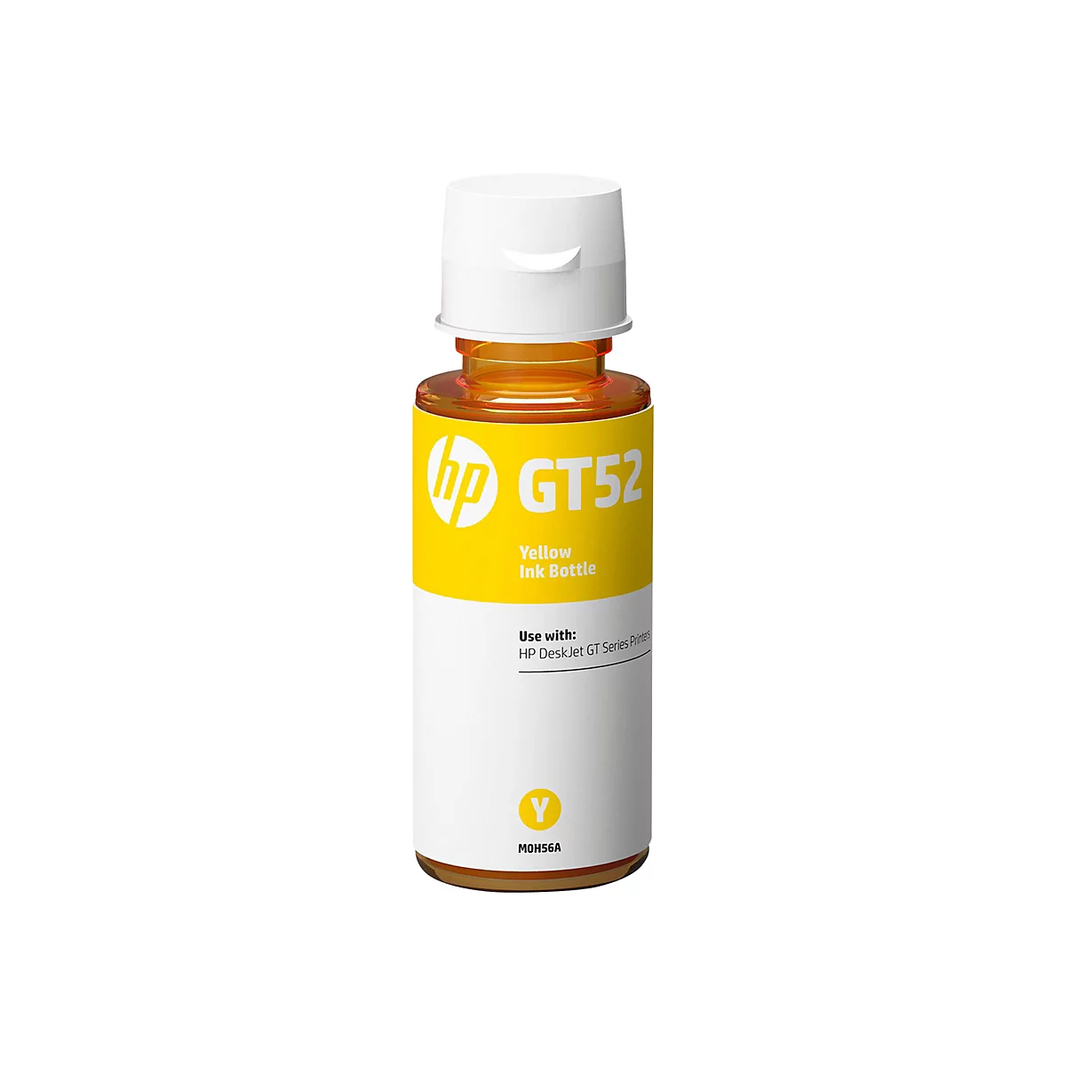 Eine gelbe Tintenflasche mit weißem Deckel, Produktname: HP GT52, Etikett mit Aufdruck "Yellow Ink Bottle", für HP DeskJet GT Serie Drucker.
