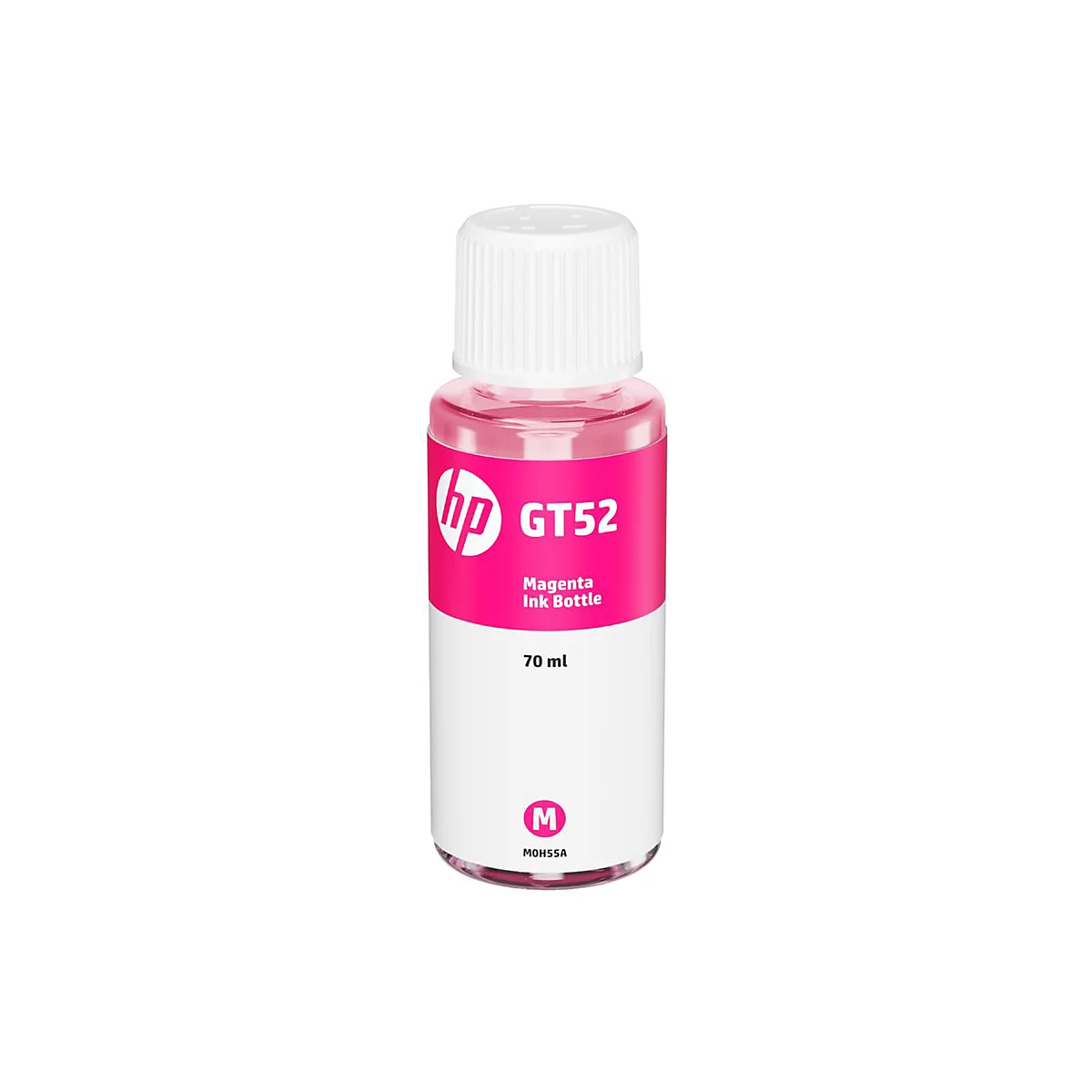 Eine Flasche magenta Tinte, weißer Verschluss, pinkes Etikett mit HP Logo, Schriftzug GT52 und "Magenta Ink Bottle".