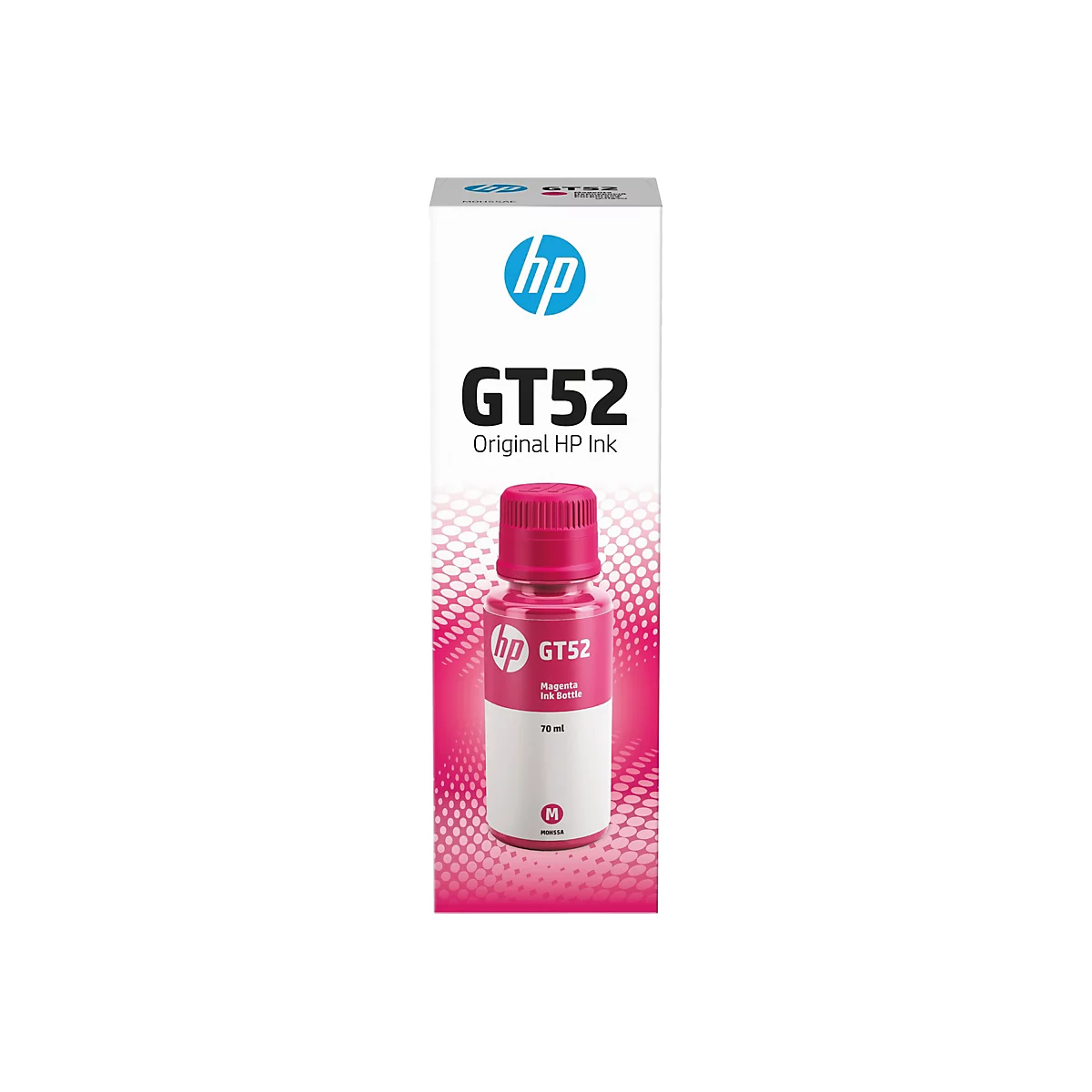 Eine Flasche magenta Tinte vor einer Verpackung mit "GT52" und "Original HP Ink" Aufdruck.