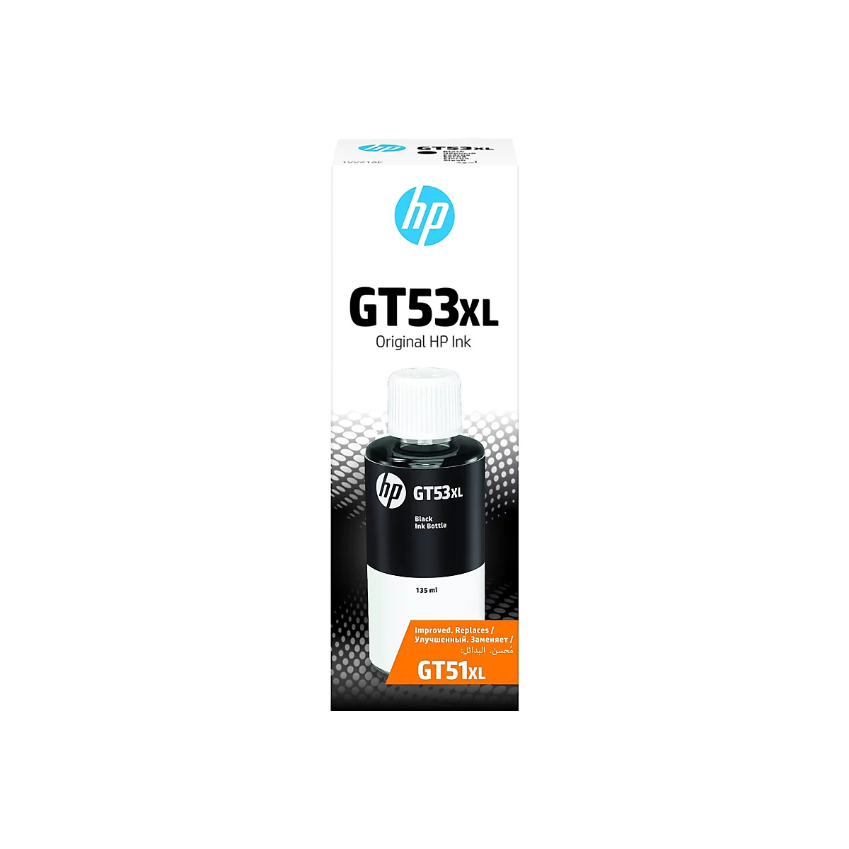 Schwarze HP GT53XL Original Tintenflasche in weißer Verpackung mit blauem HP-Logo.