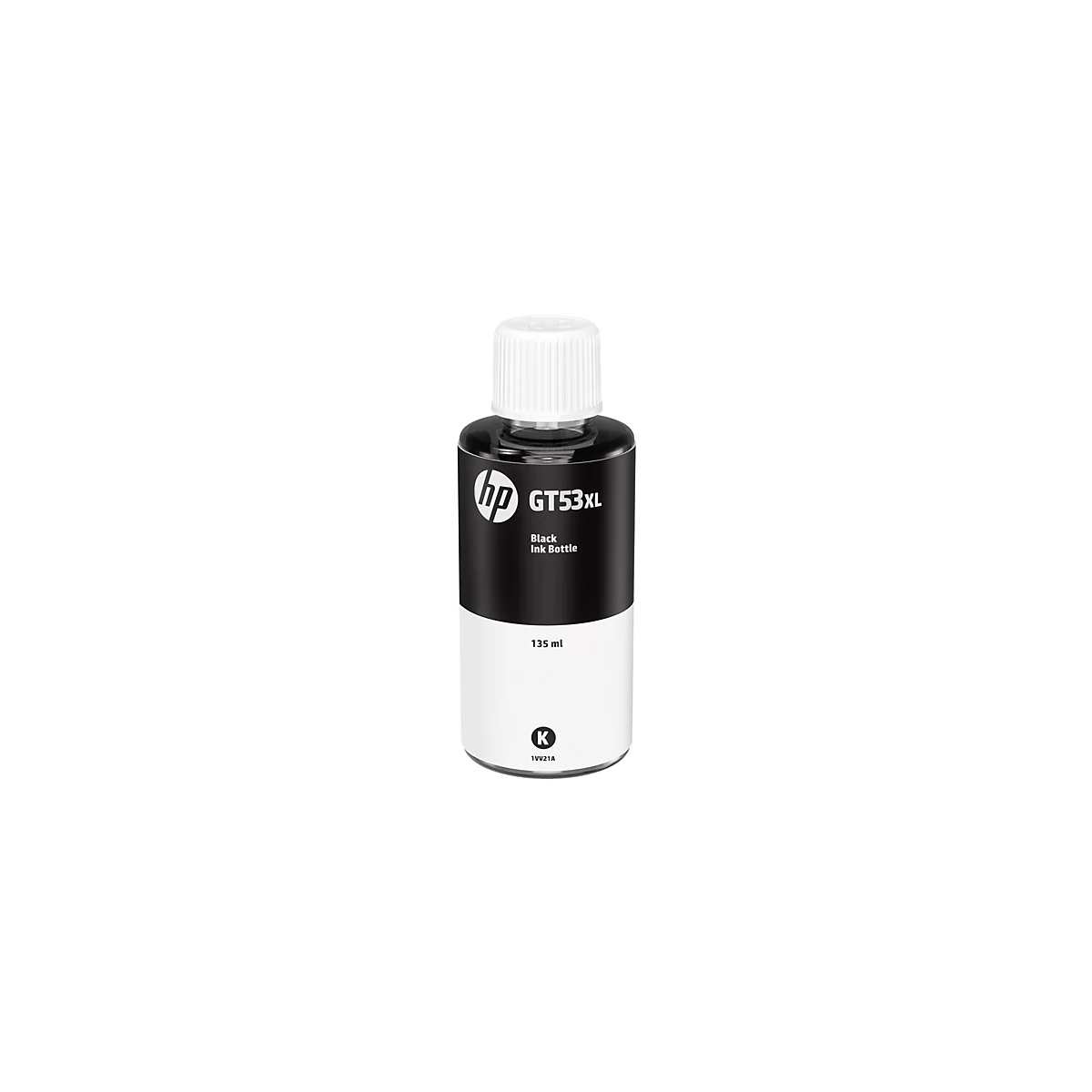HP GT53XL schwarze Tintenflasche mit 135 ml Inhalt auf weißem Hintergrund.