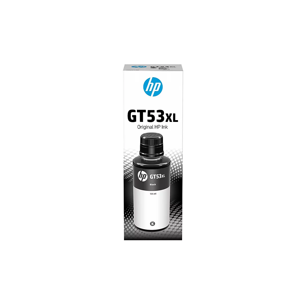 Weiße Verpackung mit HP-Logo, schwarzer GT53XL Tintenflasche und Text auf neutralem Hintergrund.