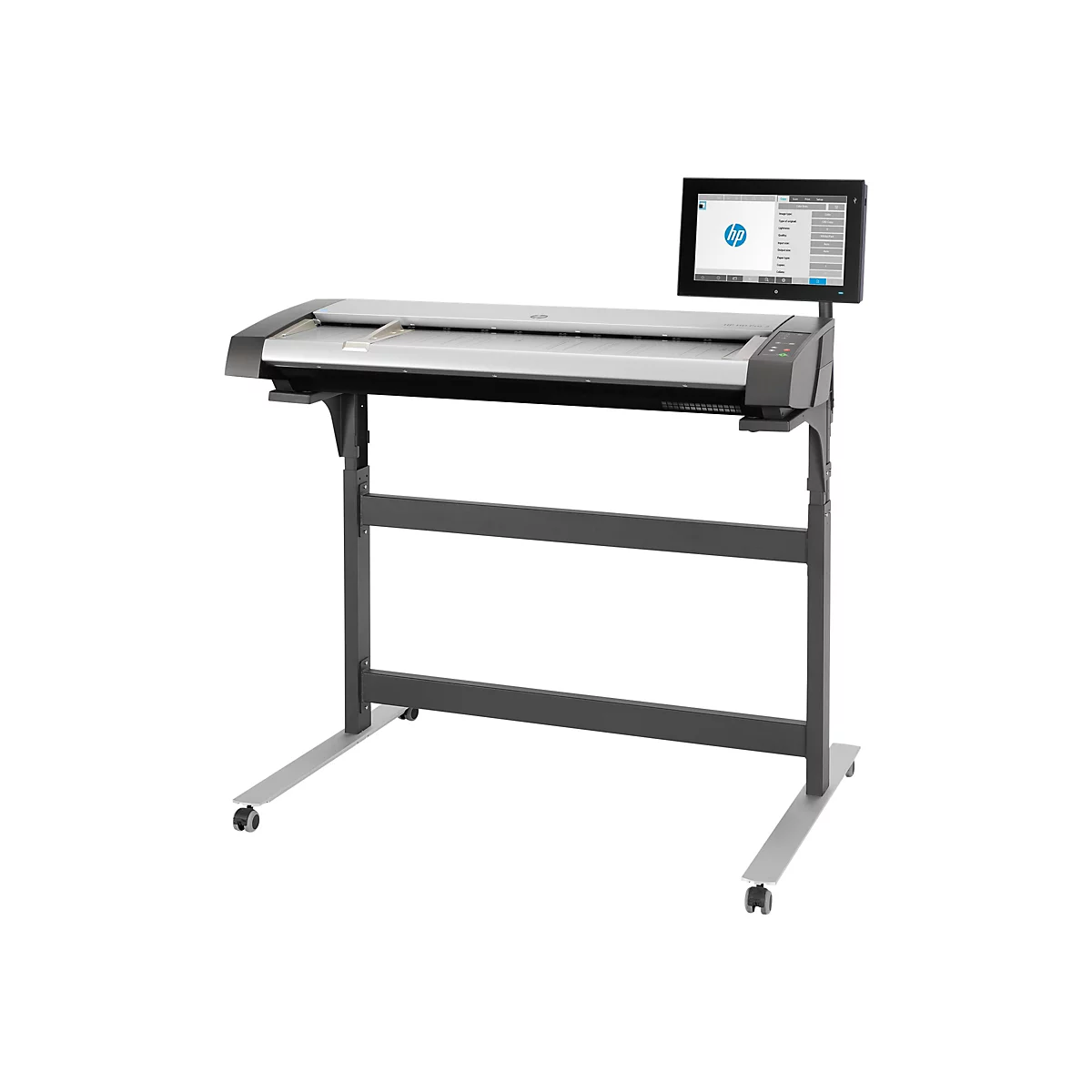 Ein grauer Großformatscanner, montiert auf einem schwarzen Gestell mit Rädern, mit einem Bildschirm mit HP-Logo.