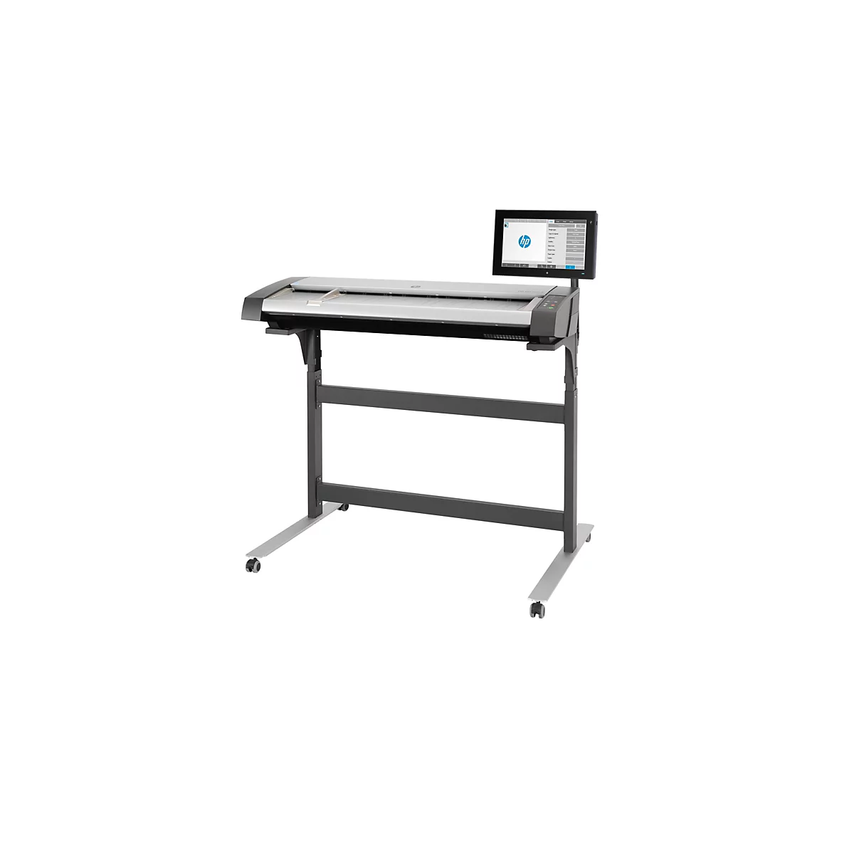 Ein grauer HP Scanner, auf einem schwarzen Metallgestell, mit Touchscreen auf weißem Hintergrund.