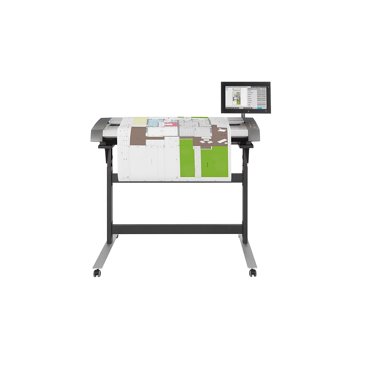 Ein großformatiger Drucker, der einen Bauplan ausdruckt. Rechts ist ein Bildschirm zu sehen.