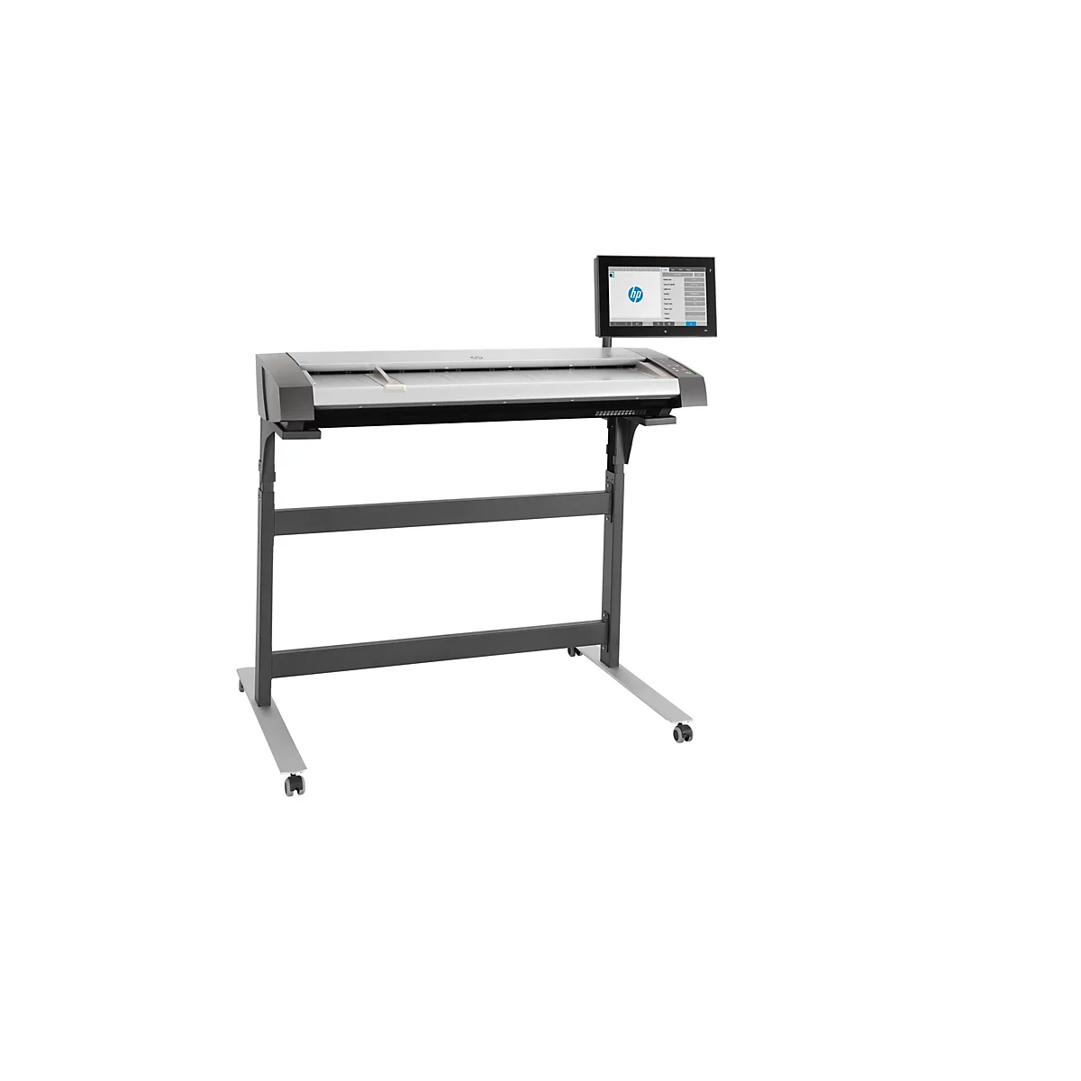 Ein grauer Großformatscanner der Marke HP. Auf einem Bildschirm werden Optionen angezeigt.