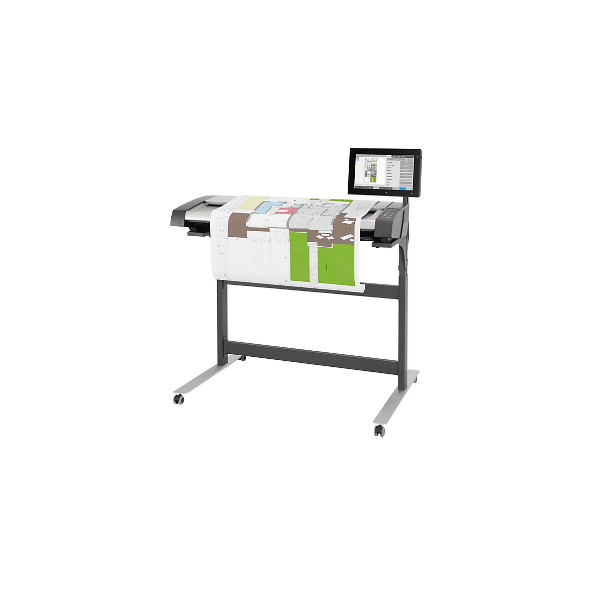 Ein Großformatscanner mit Farbzeichnung auf einer Rolle. Der Scanner hat einen Monitor.